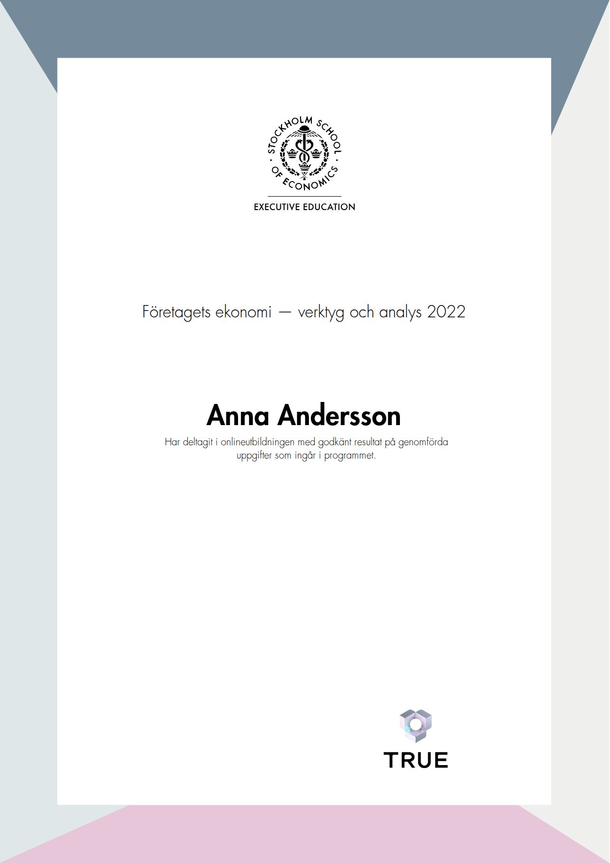 Exempel: diplom för Företagets ekonomi — verktyg och analys 2022 från SSE - Handelshögskolan Executive Education