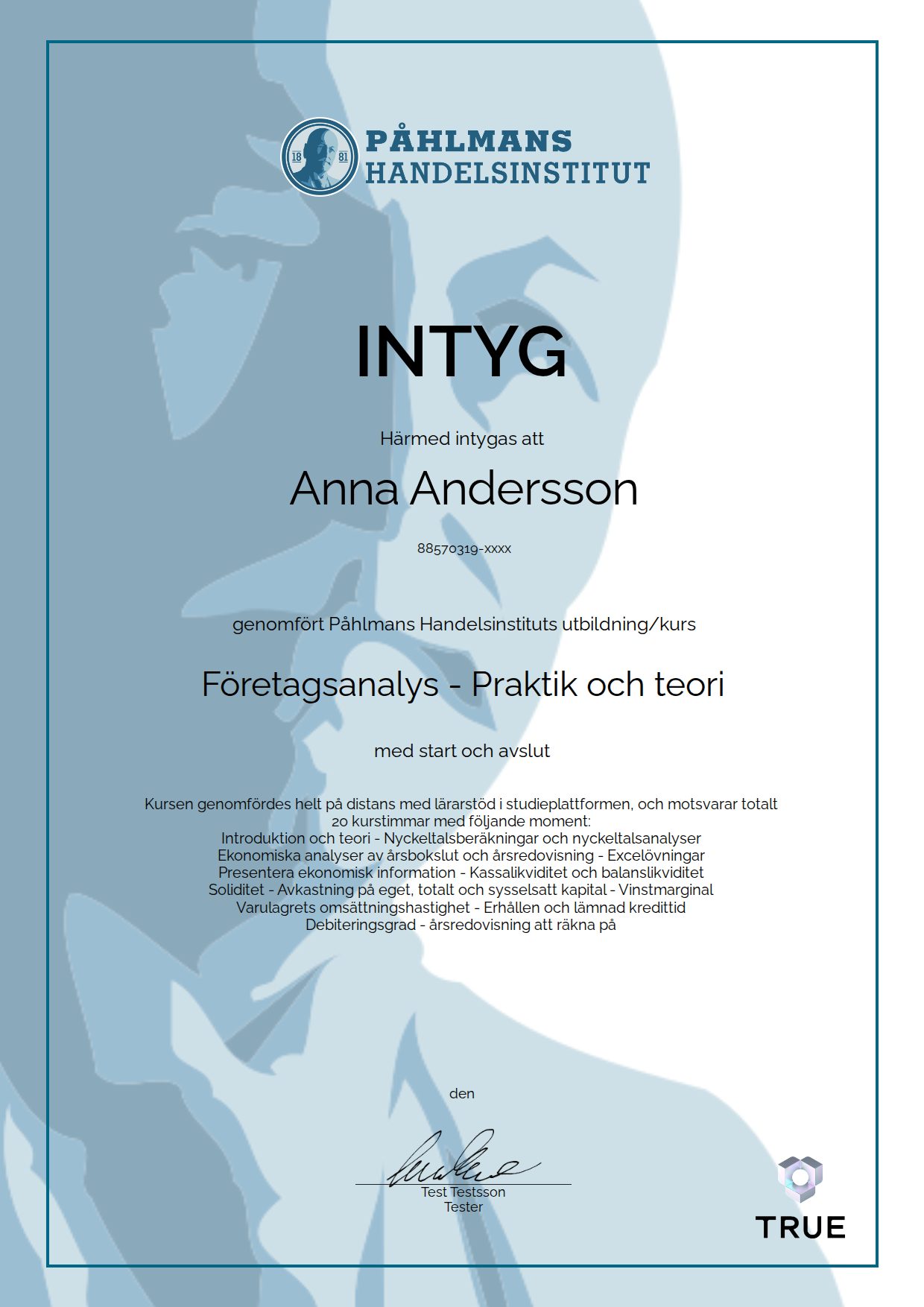 Example certificate for Företagsanalys - Praktik och teori from Medborgarskolan- Påhlmans
