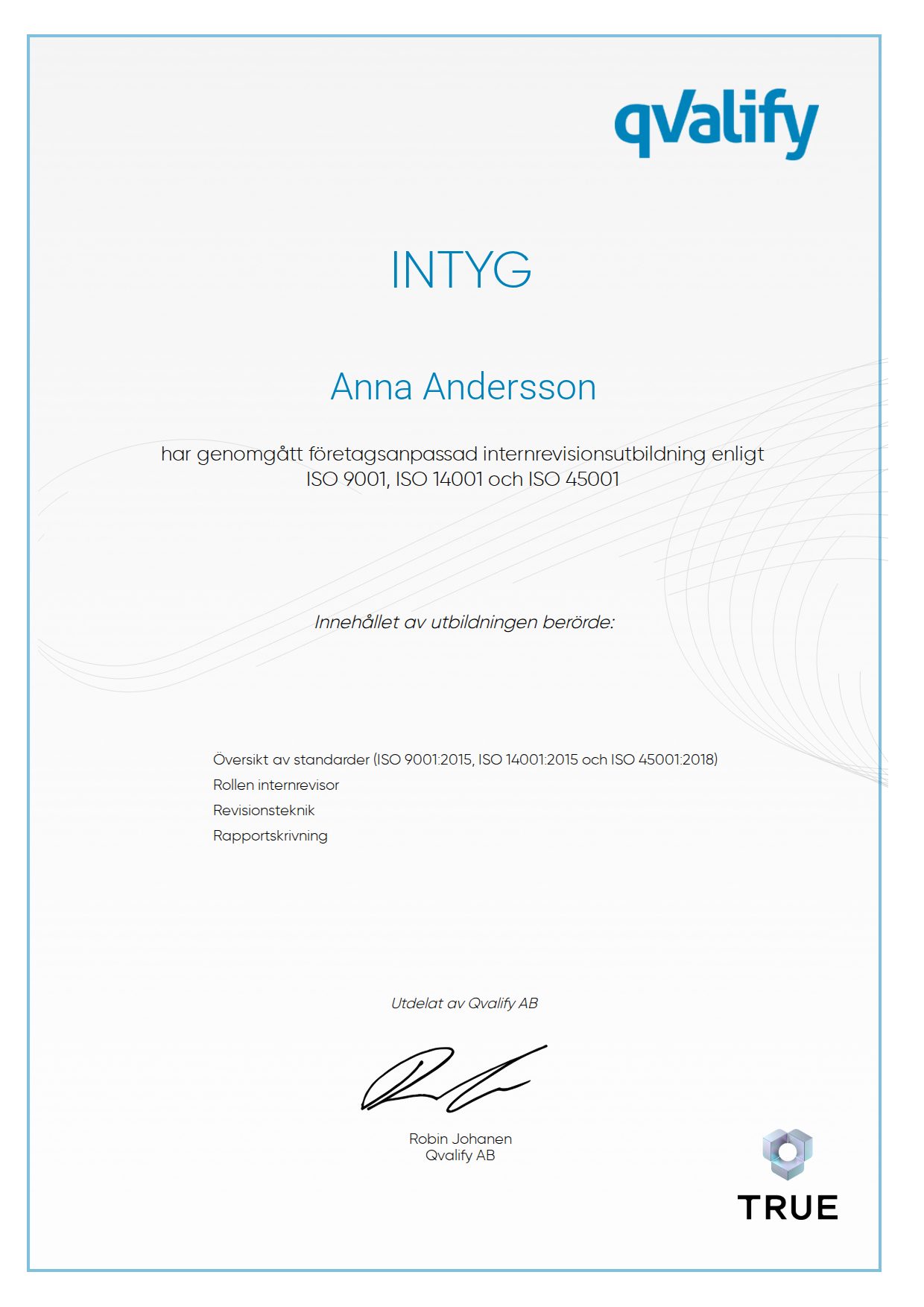 Exempel: diplom för företagsanpassad internrevisionsutbildning enligt ISO 9001, ISO 14001 och ISO 45001 från Qvalify
