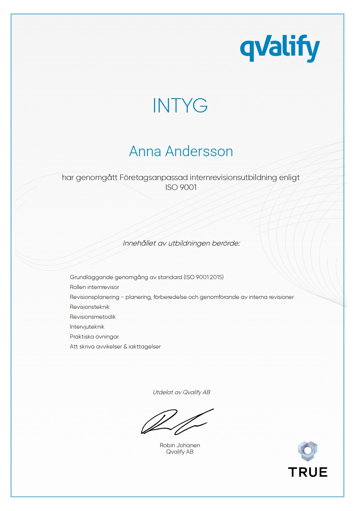 Example certificate for Företagsanpassad internrevisionsutbildning enligt ISO 9001 from Qvalify
