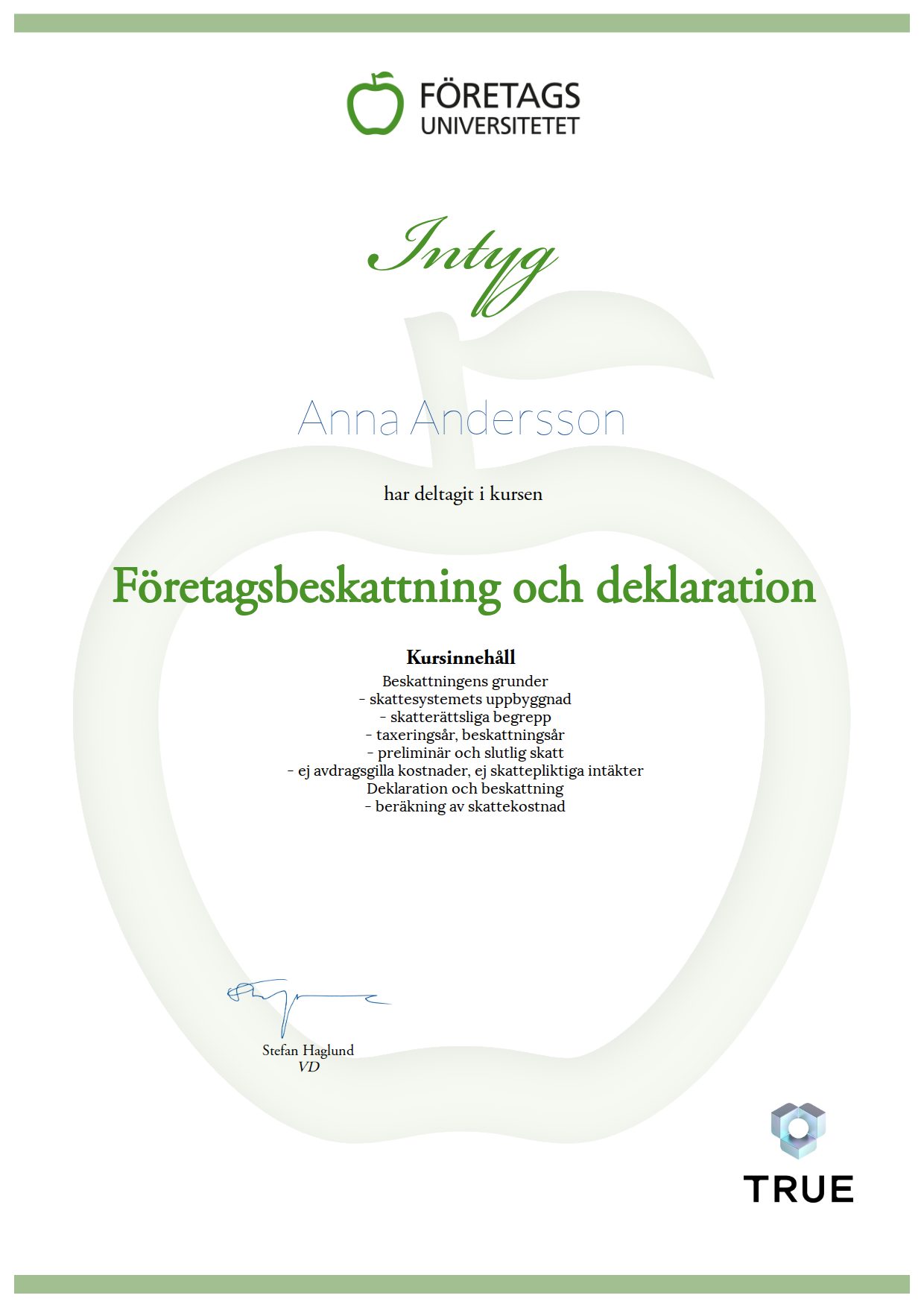 Exempel: diplom för Företagsbeskattning och deklaration från Företagsuniversitetet