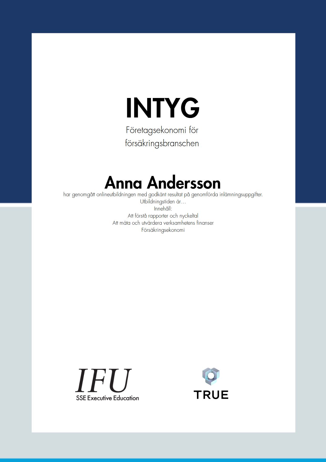 Example certificate for Företagsekonomi för försäkringsbranschen from SSE - Handelshögskolan Executive Education