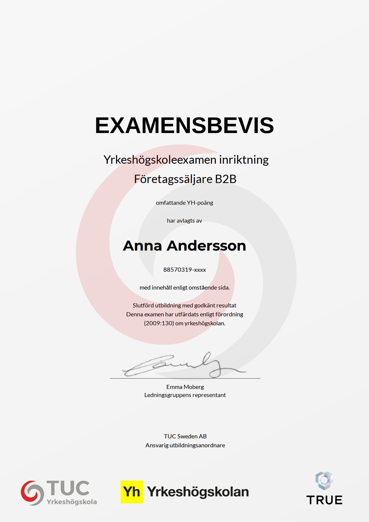 Example certificate for Företagssäljare B2B from TUC Yrkeshögskola