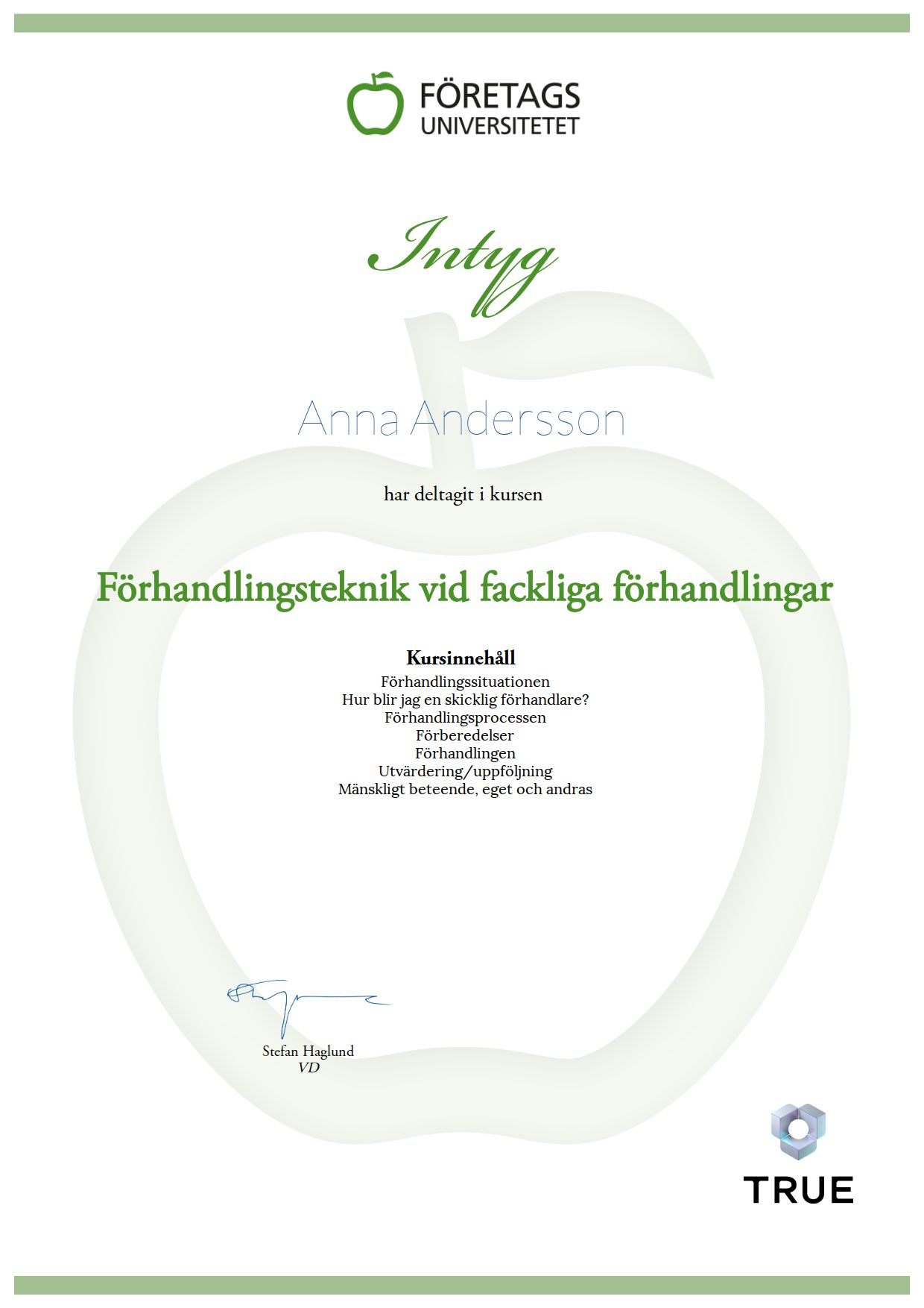 Exempel: diplom för Förhandlingsteknik vid fackliga förhandlingar från Företagsuniversitetet