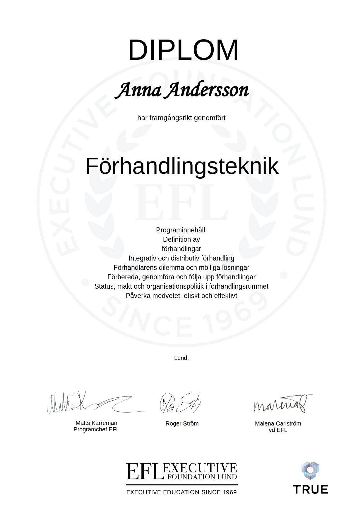 Exempel: diplom för Förhandlingsteknik från EFL Executive Education