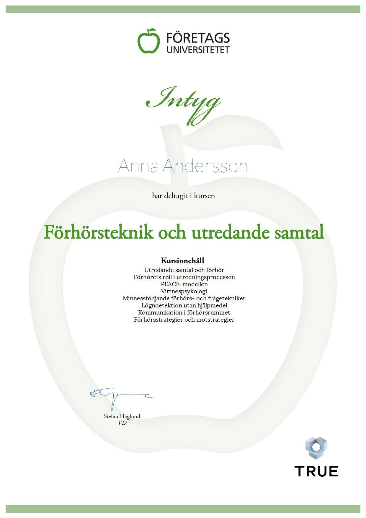 Exempel: diplom för Förhörsteknik och utredande samtal från Företagsuniversitetet