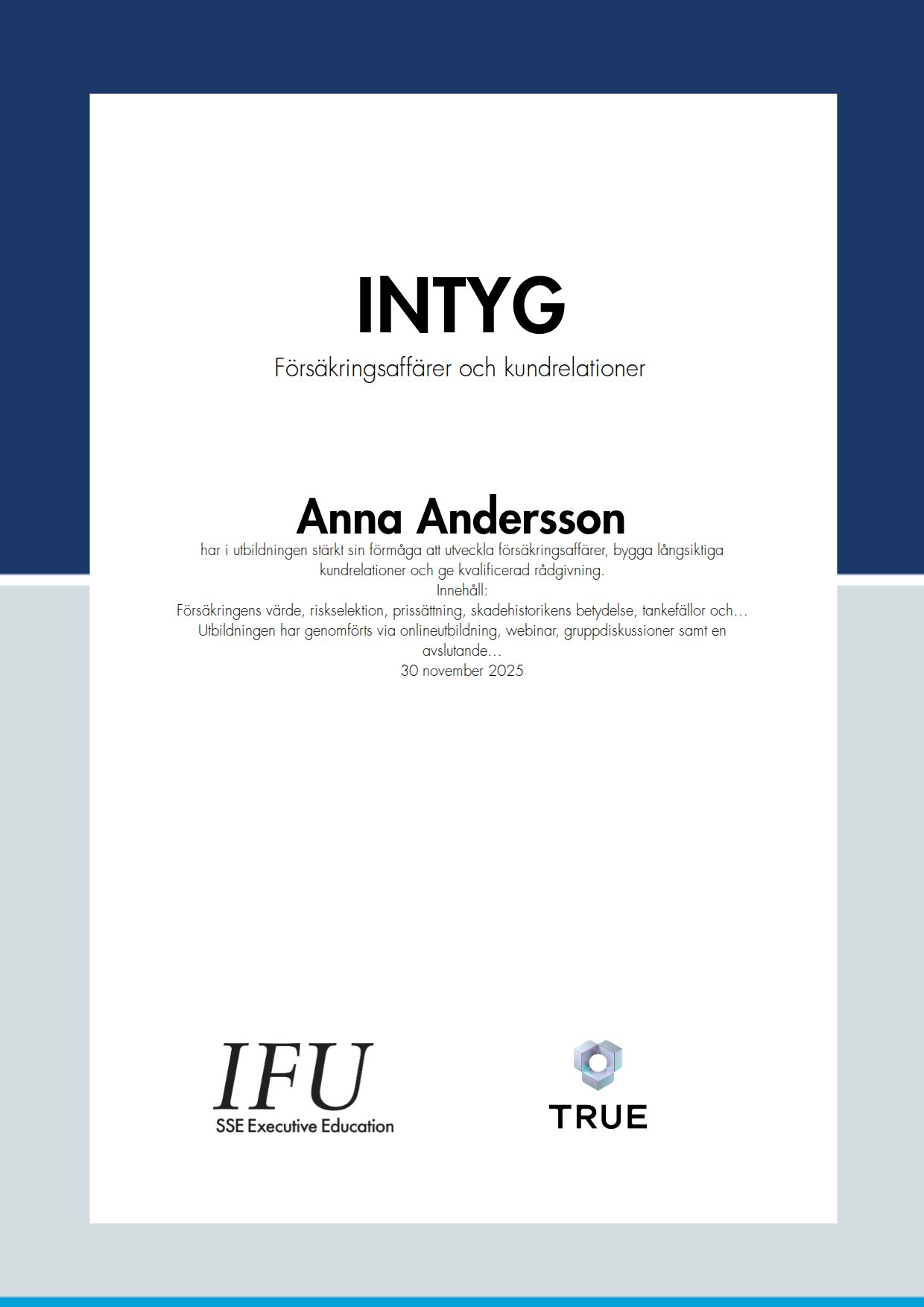 Exempel: diplom för Försäkringsaffärer och kundrelationer från SSE - Handelshögskolan Executive Education