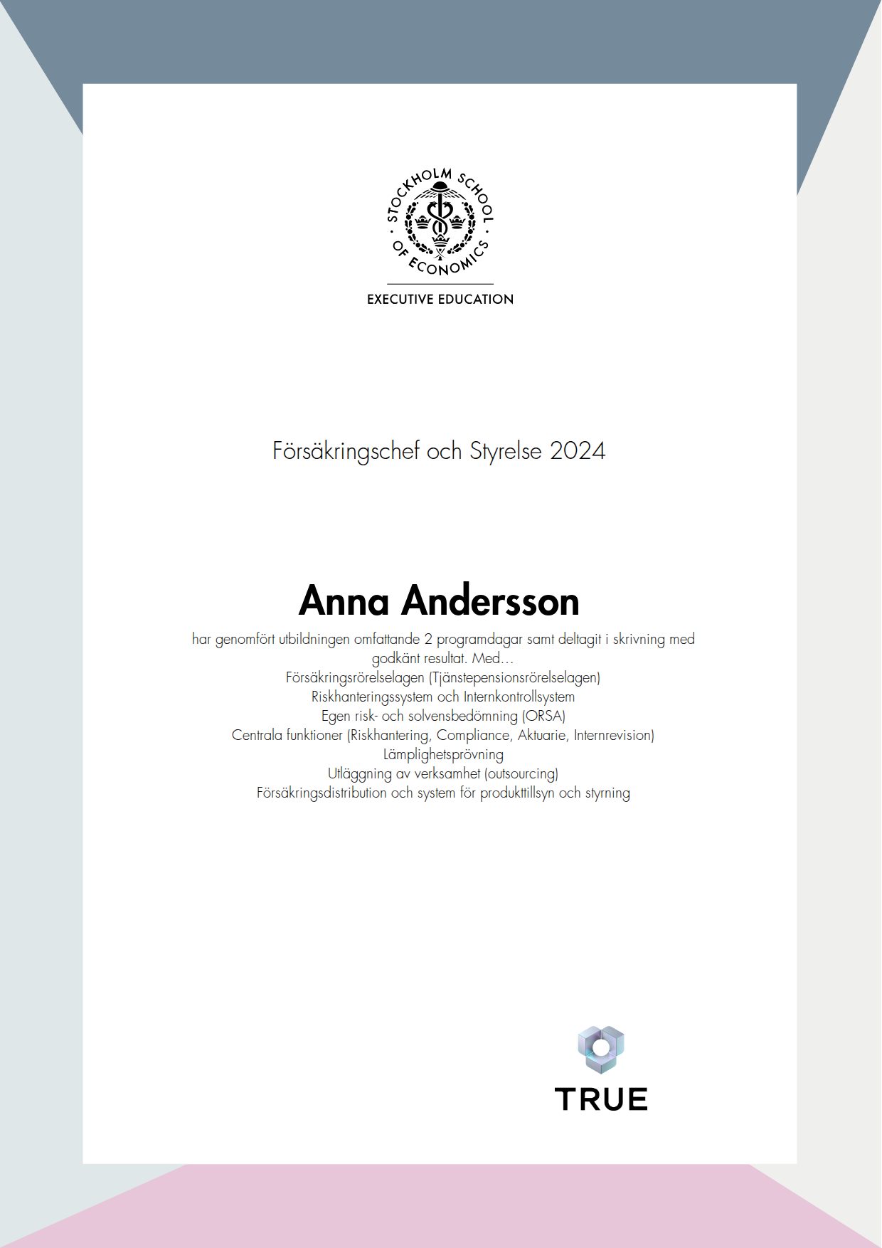 Exempel: diplom för Försäkringschef och Styrelse 2024 från SSE - Handelshögskolan Executive Education
