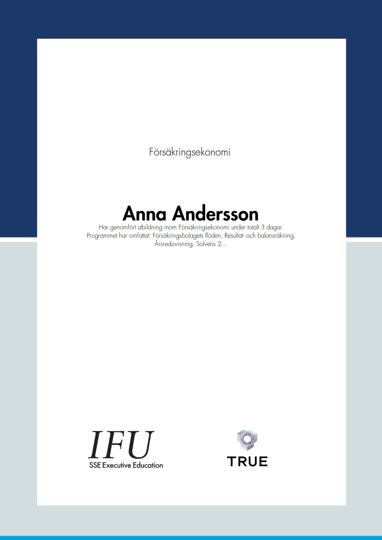 Exempel: diplom för Försäkringsekonomi från SSE - Handelshögskolan Executive Education