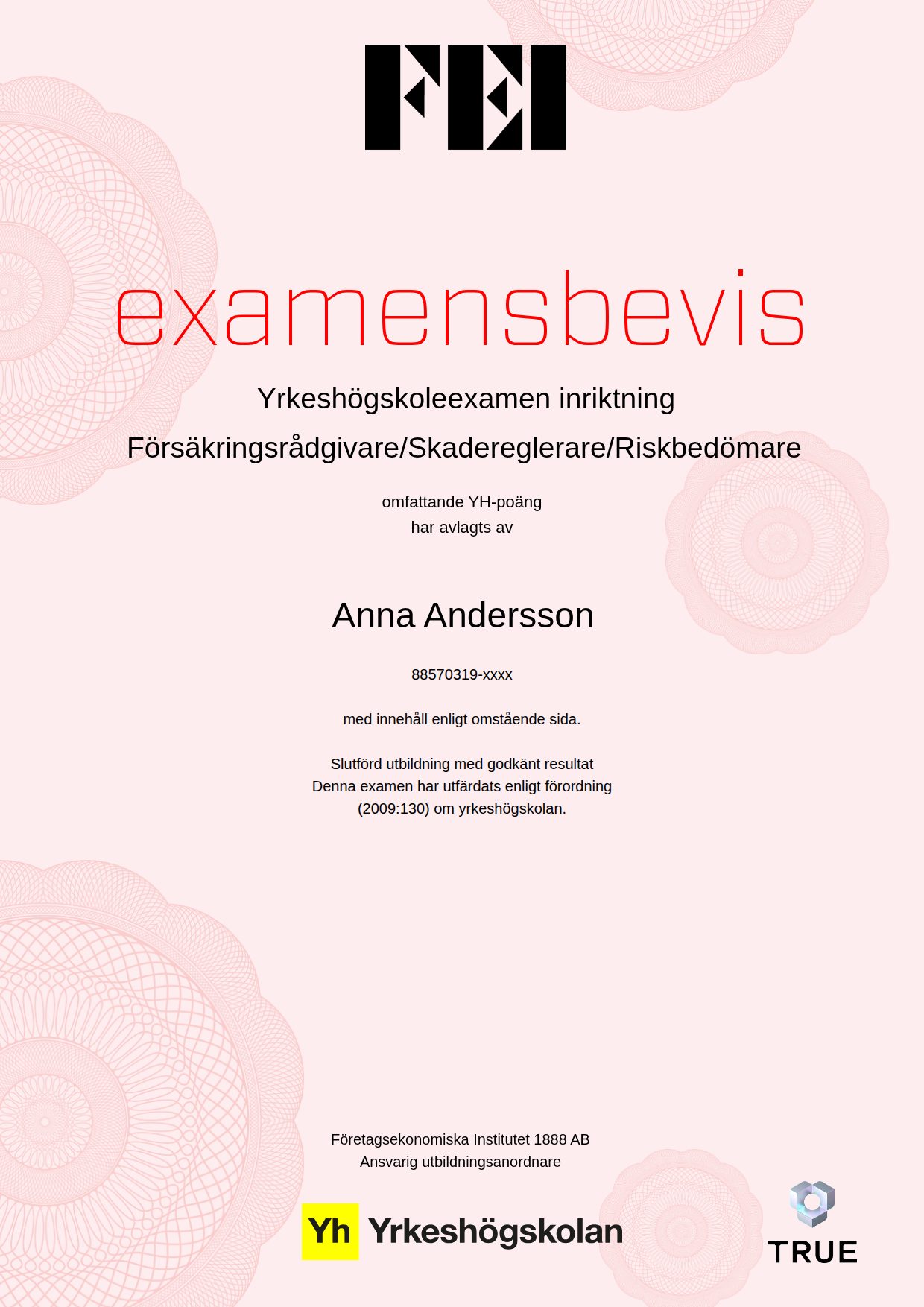 Exempel: diplom för Försäkringsrådgivare/Skadereglerare/Riskbedömare från FEI - Företagsekonomiska Institutet