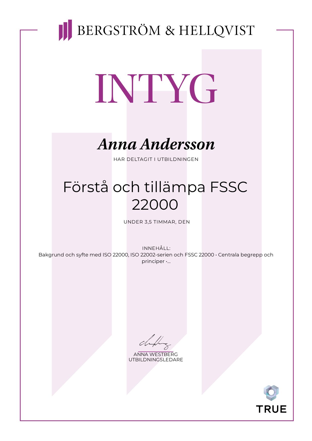 Example certificate for Förstå och tillämpa FSSC 22000 from Bergström & Hellqvist