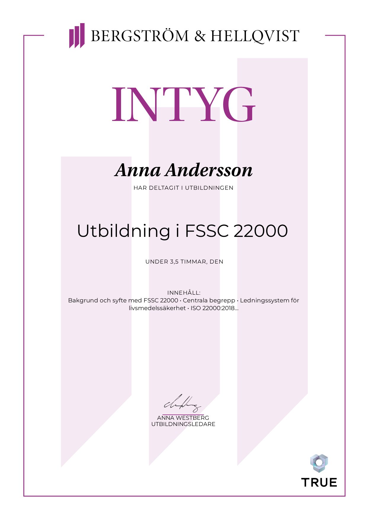 Exempel: diplom för Utbildning i FSSC 22000 från Bergström & Hellqvist