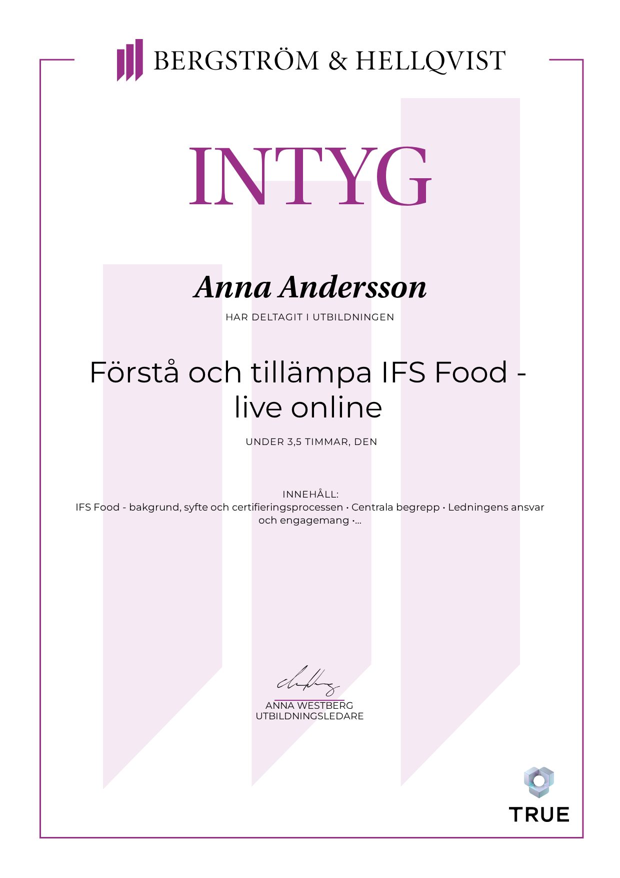 Example certificate for Förstå och tillämpa IFS Food - live online from Bergström & Hellqvist