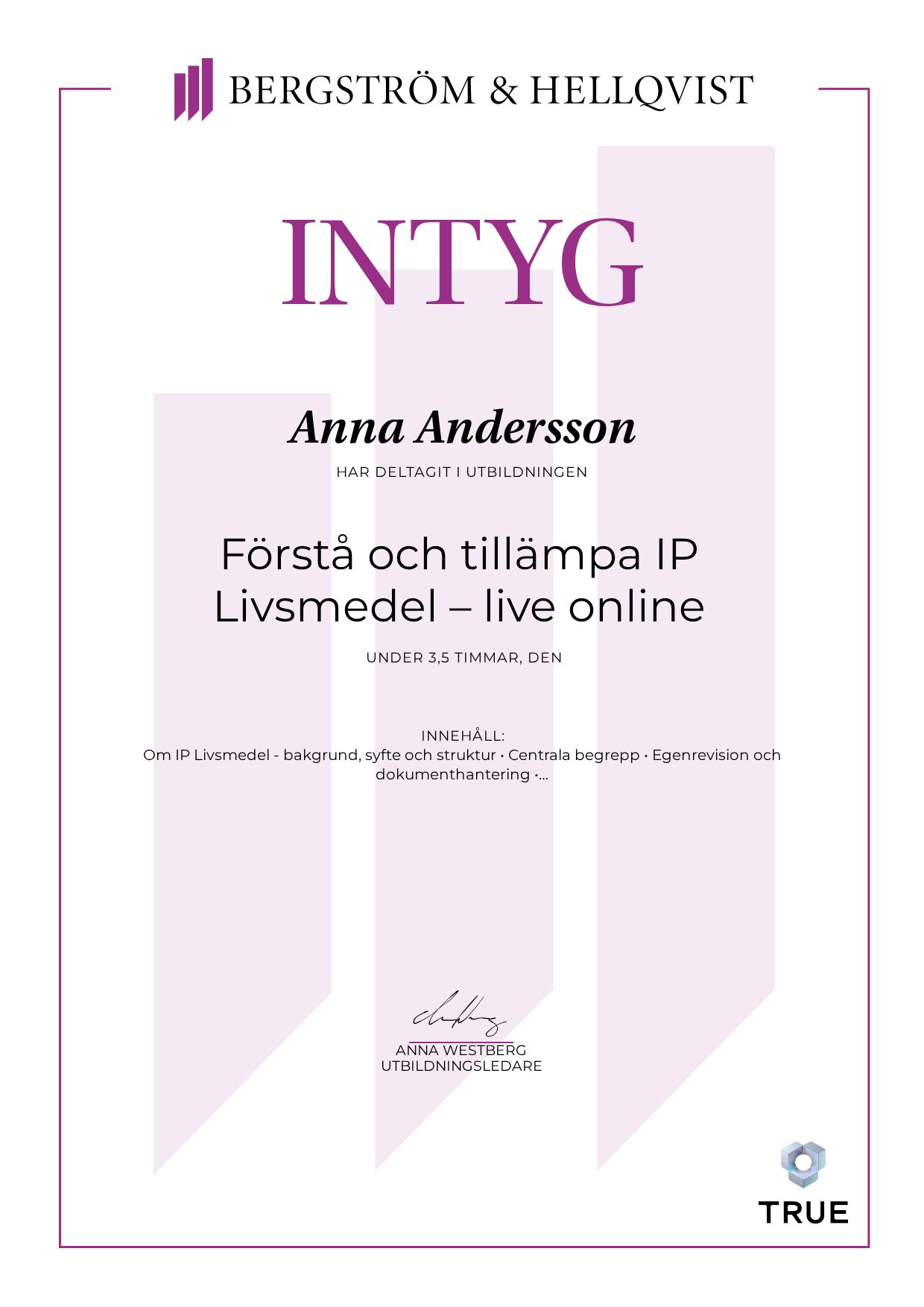 Exempel: diplom för Förstå och tillämpa IP Livsmedel – live online från Bergström & Hellqvist