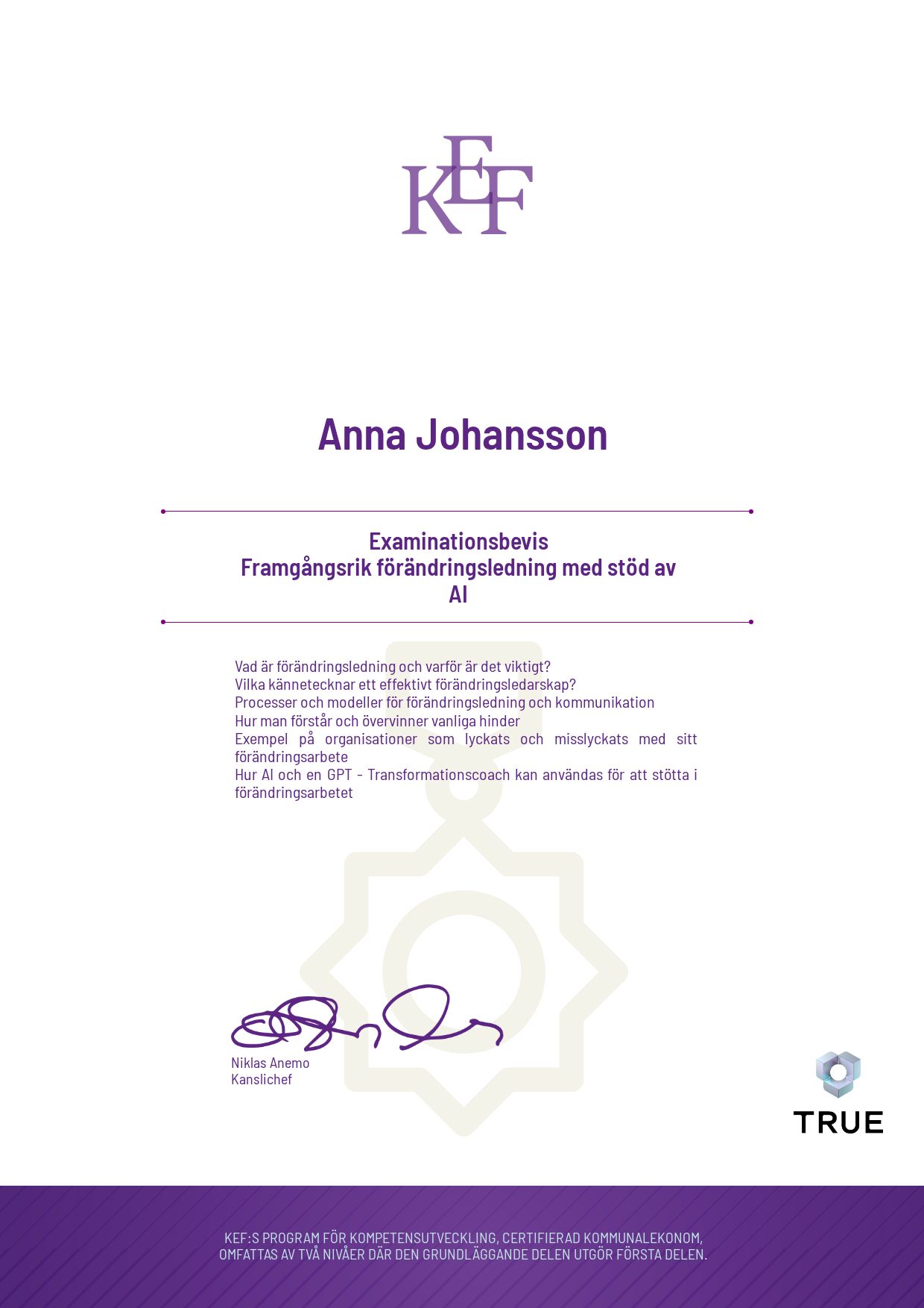 Example certificate for Framgångsrik förändringsledning med stöd av AI from KEF - Kommualekonomernas förening