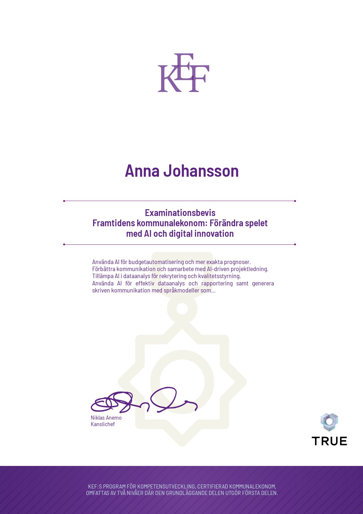 Exempel: diplom för Framtidens kommunalekonom: Förändra spelet med AI och digital innovation från KEF - Kommualekonomernas förening
