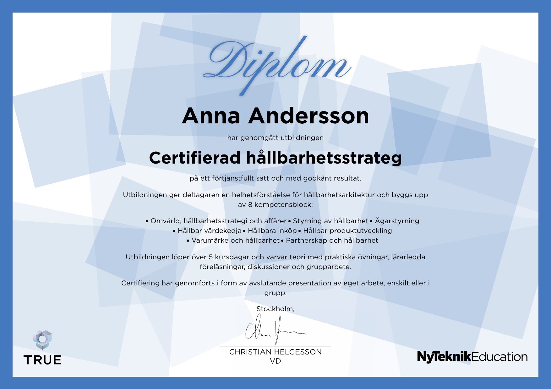 Exempel: diplom för CSRD - Hållbarhetsredovisning i praktiken - Copy från Ny Teknik Education
