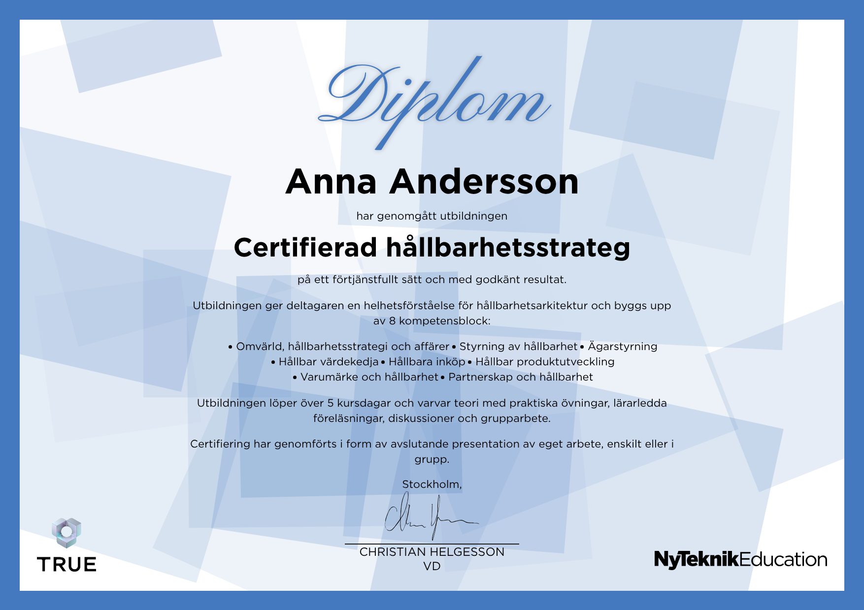 Example certificate for CSRD - Hållbarhetsredovisning i praktiken from Ny Teknik Education