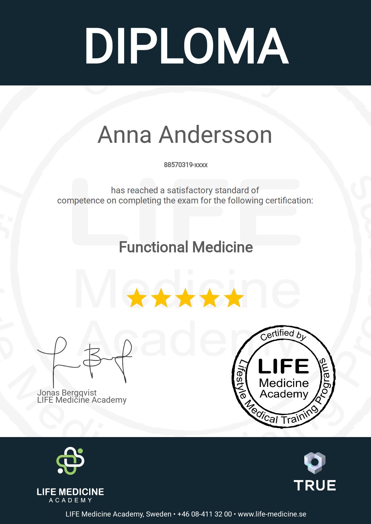 Exempel: diplom för Functional Medicine från Life Medicine & Paleogruppen