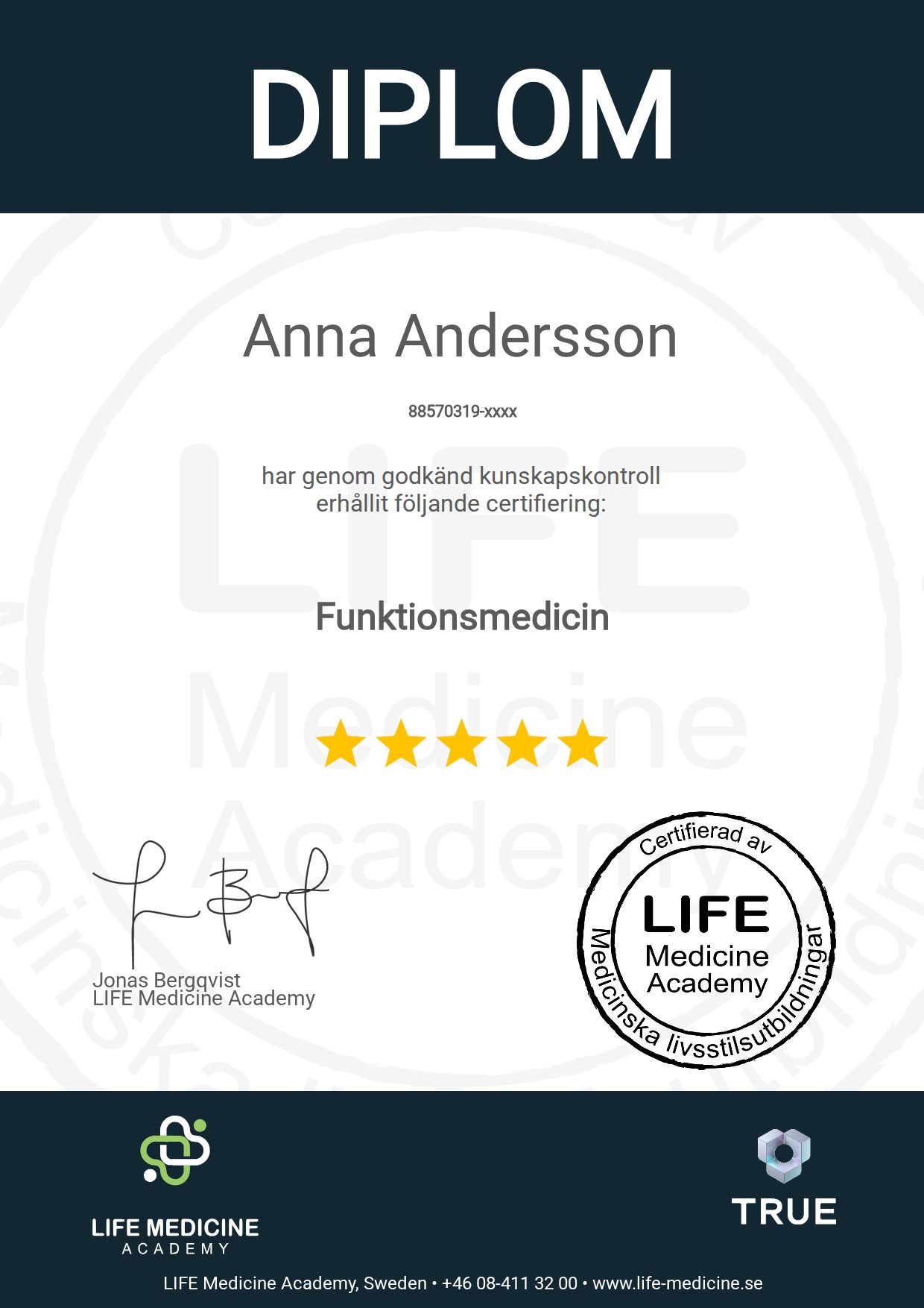 Exempel: diplom för Funktionsmedicin från Life Medicine & Paleogruppen