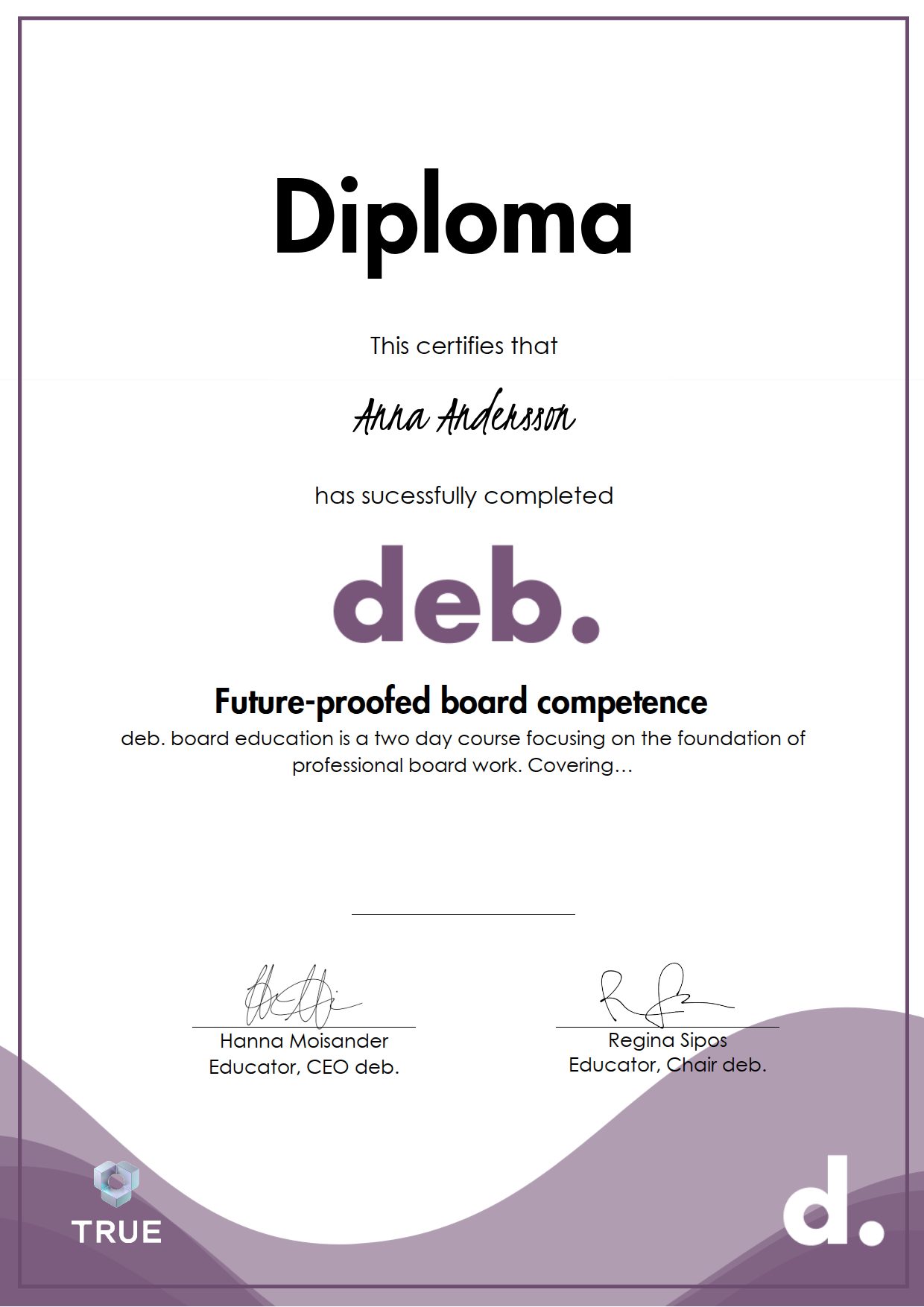 Exempel: diplom för Future-proofed board competence från deb - diverse executive boards