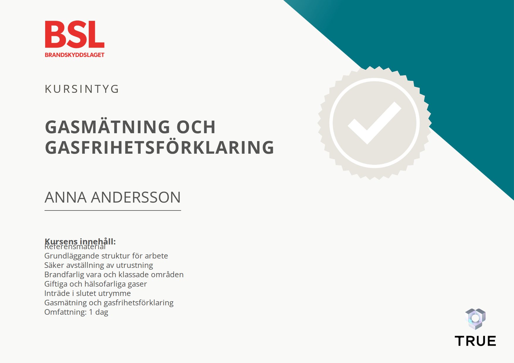 Exempel: diplom för Gasmätning och gasfrihetsförklaring från Brandskyddslaget AB