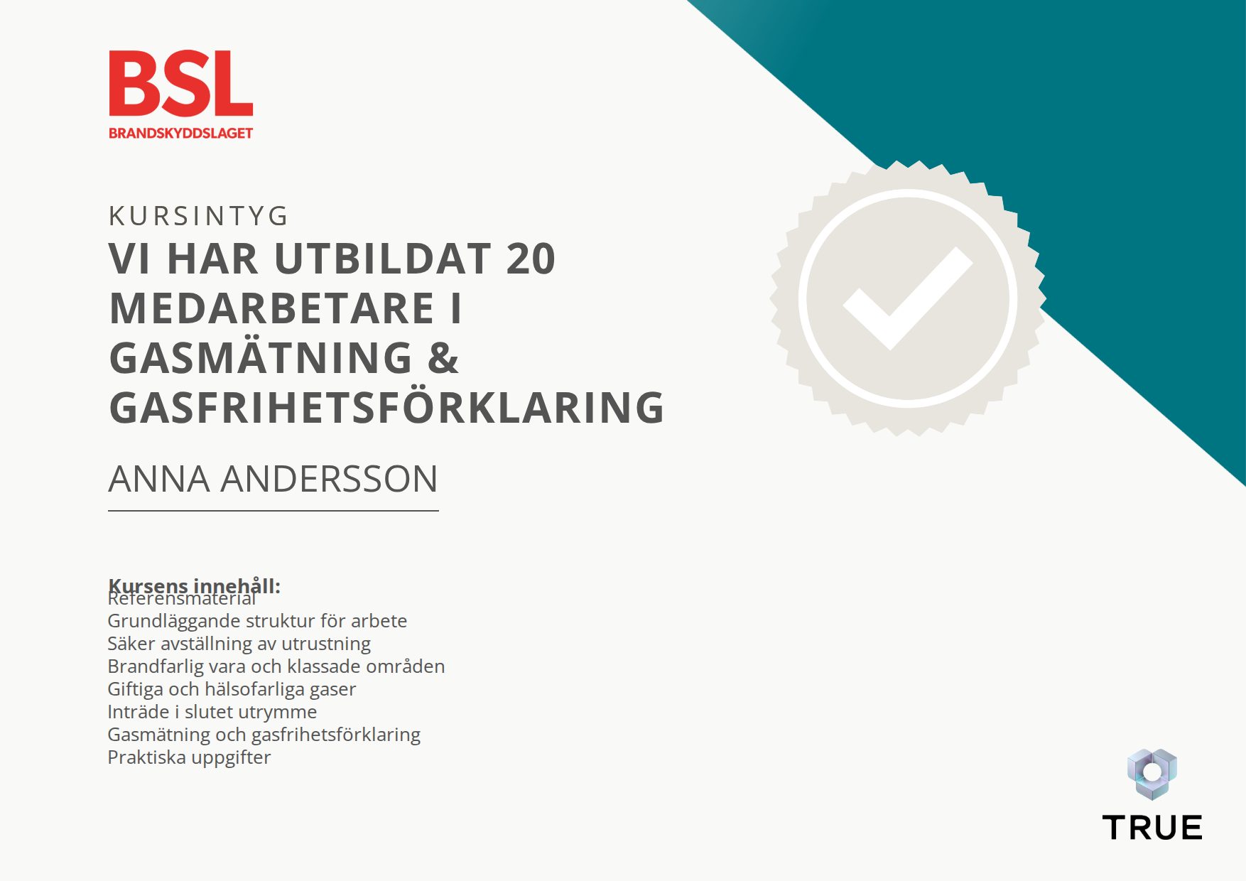 Exempel: diplom för Vi har utbildat 20 medarbetare i Gasmätning & gasfrihetsförklaring från Brandskyddslaget AB