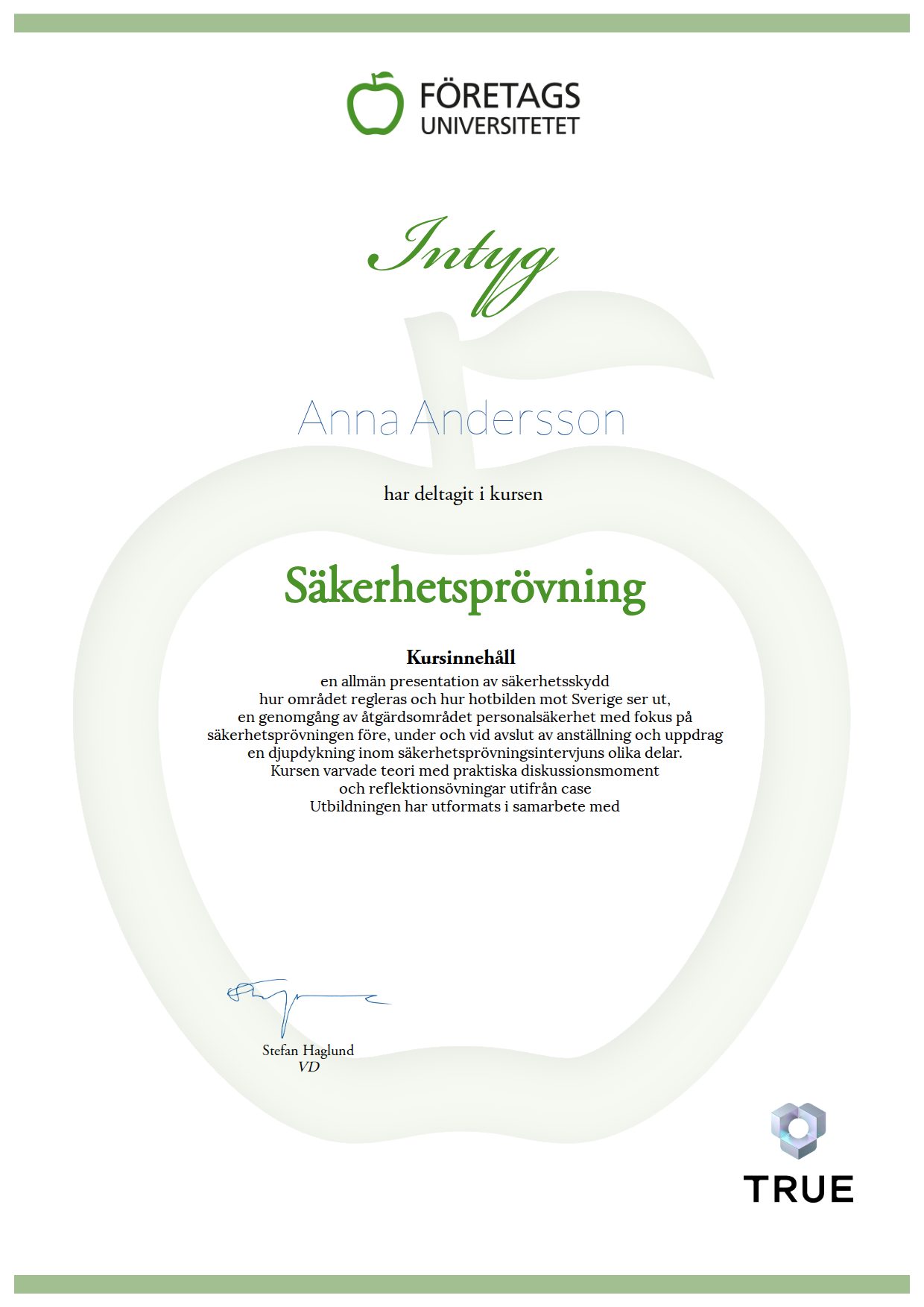 Example certificate for Säkerhetsprövning from Företagsuniversitetet