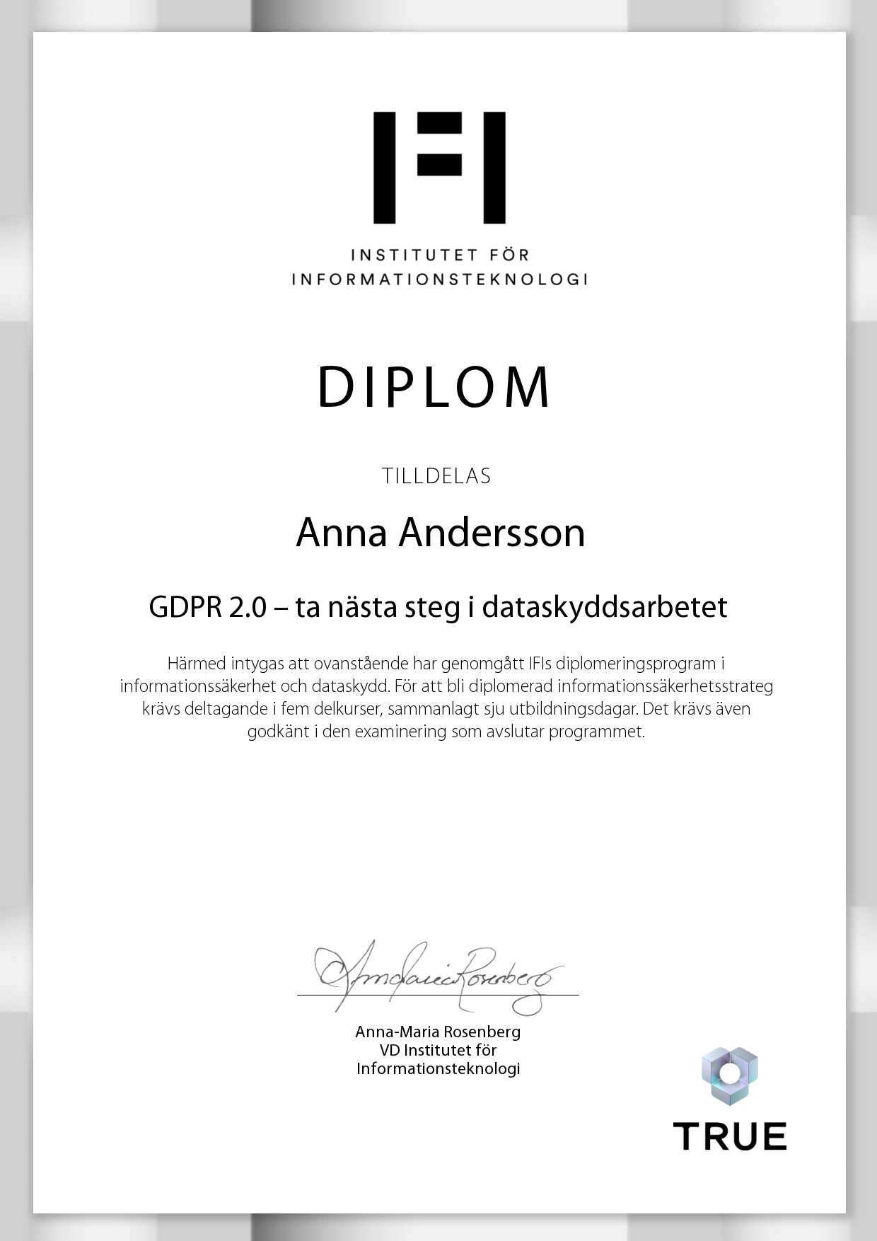 Example certificate for GDPR 2.0 – ta nästa steg i dataskyddsarbetet from IFI AB