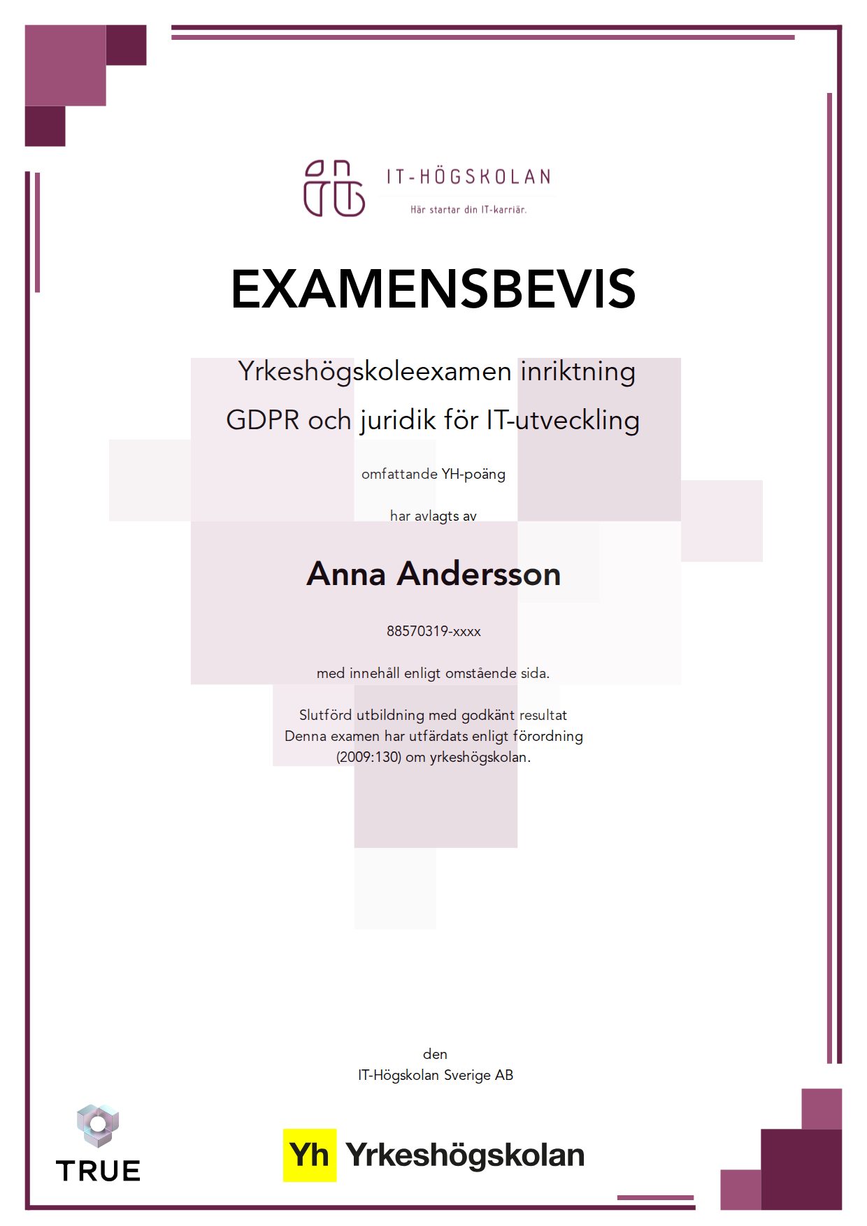 Example certificate for GDPR och juridik för IT-utveckling from IT-Högskolan
