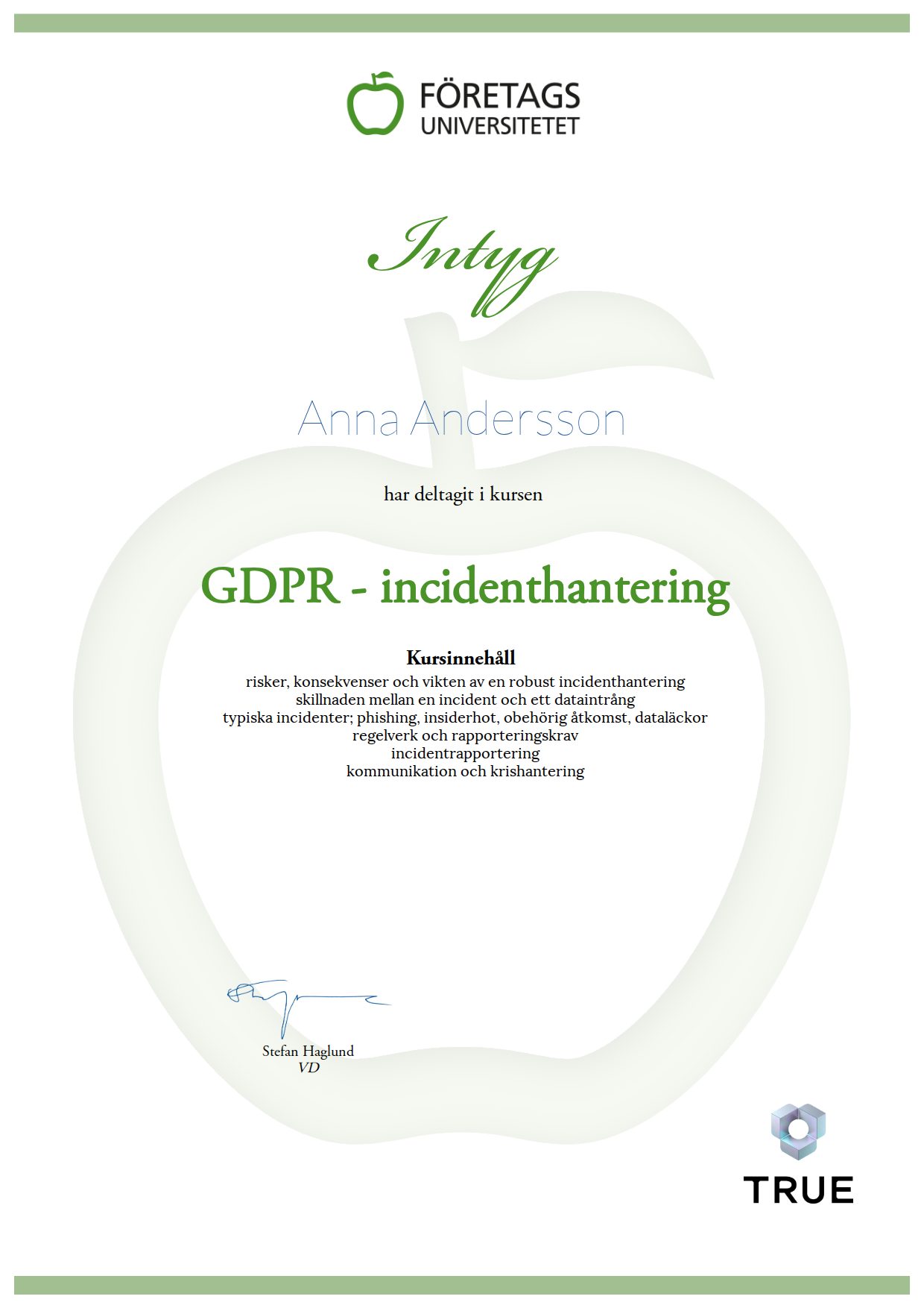 Exempel: diplom för GDPR - incidenthantering från Företagsuniversitetet