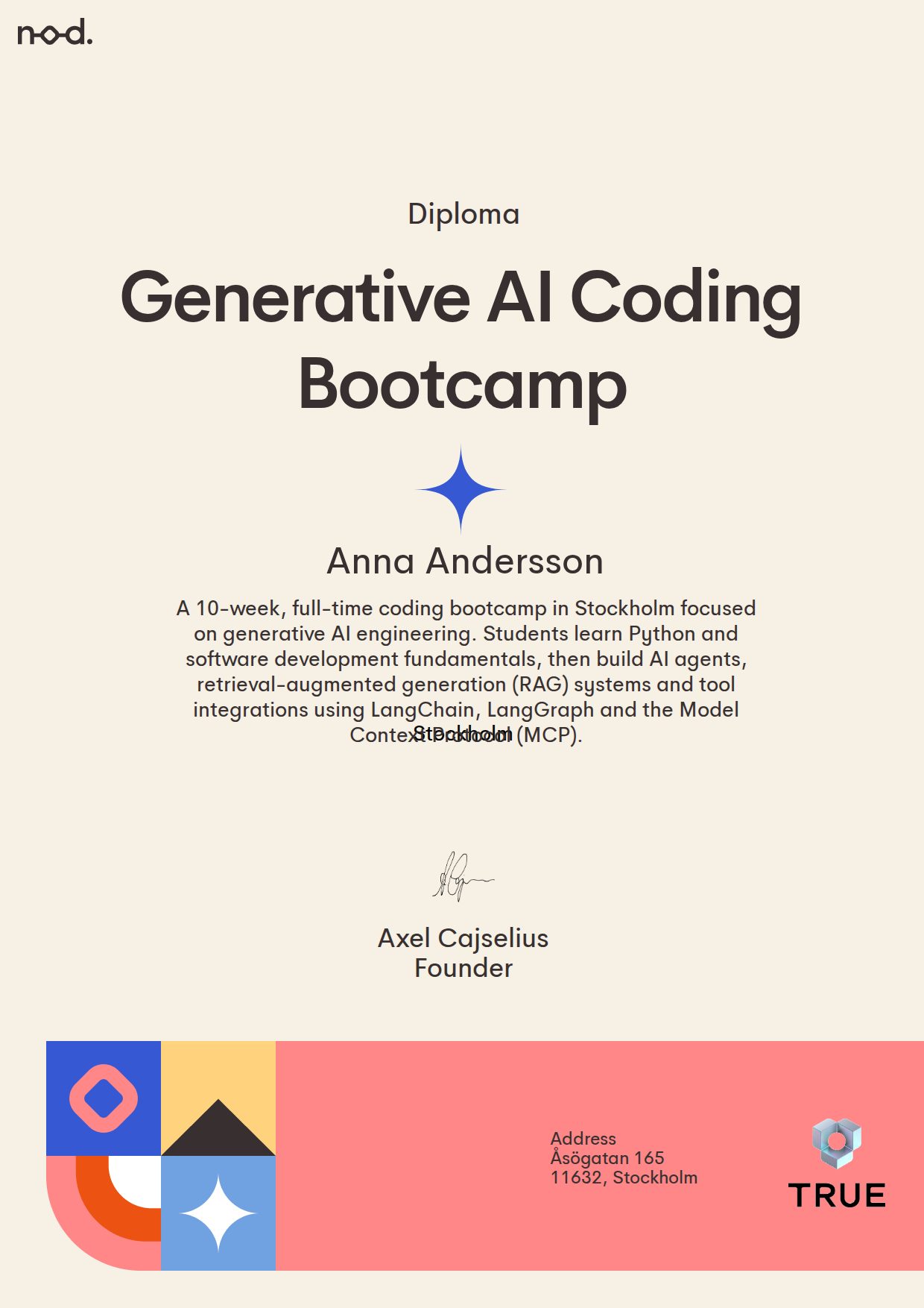 Example certificate for Generative AI
Coding Bootcamp from NodCoding