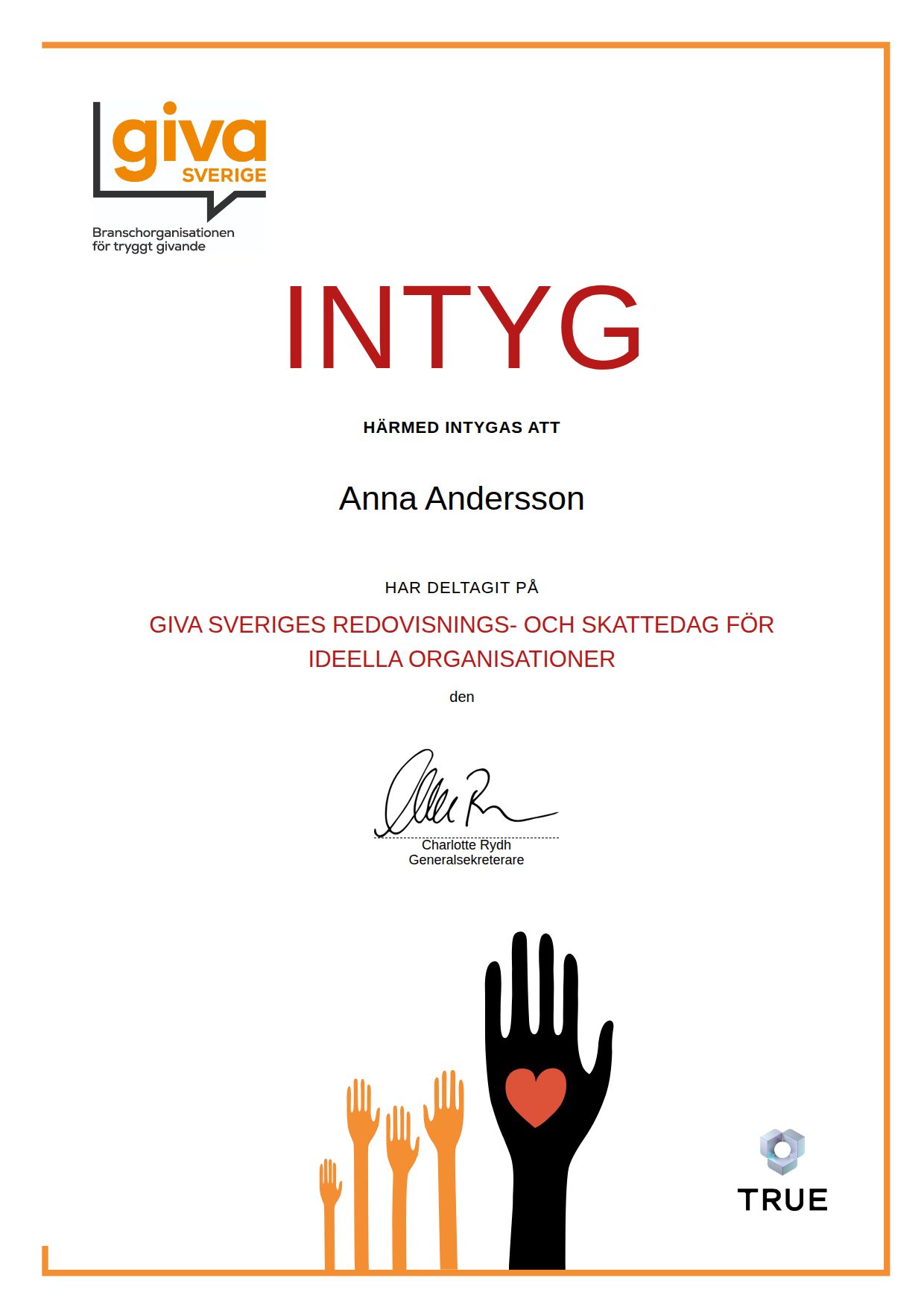 Example certificate for Giva Sveriges Redovisnings- och skattedag för ideella organisationer from Giva Sverige