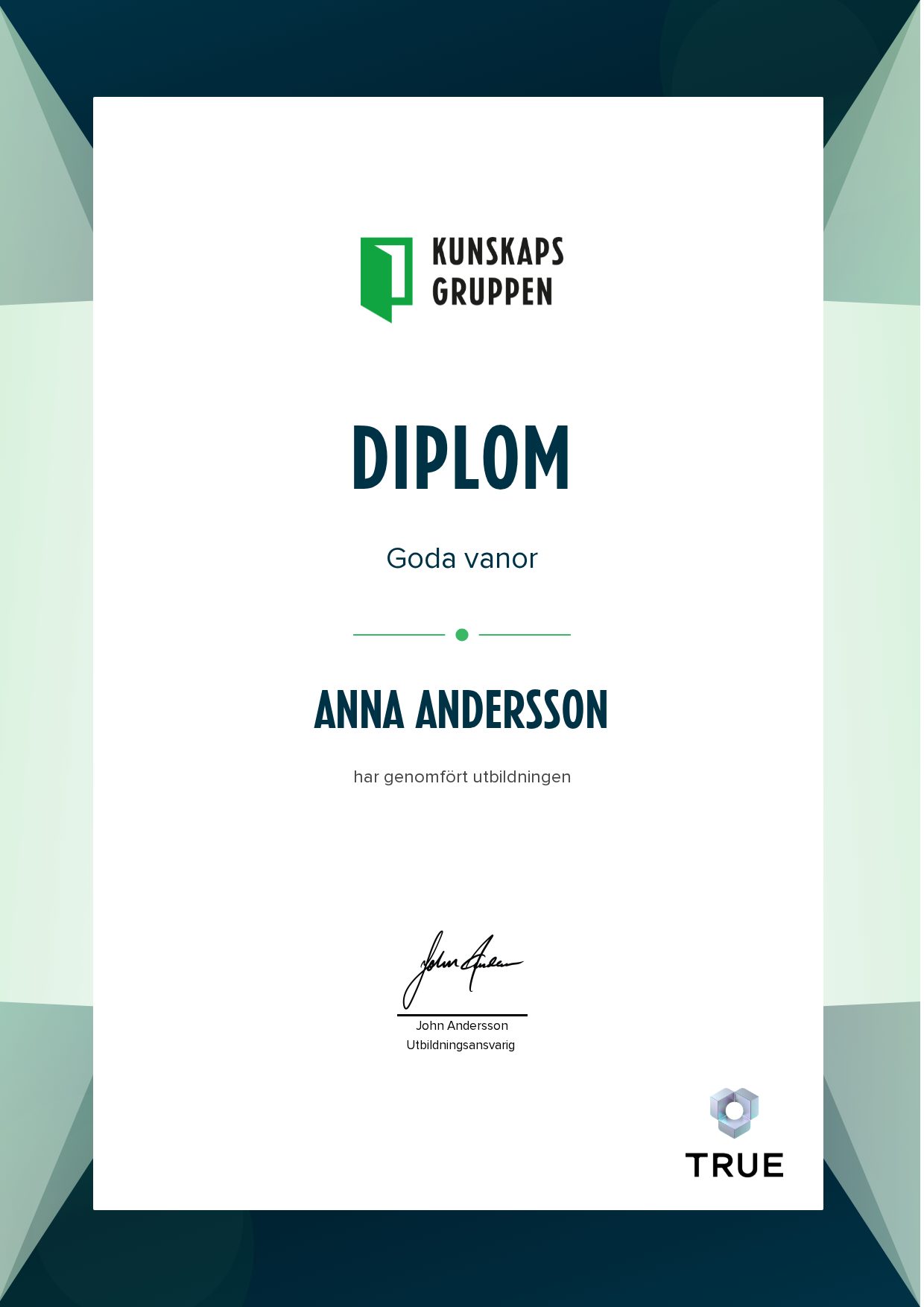 Exempel: diplom för Goda vanor från Kunskapsgruppen