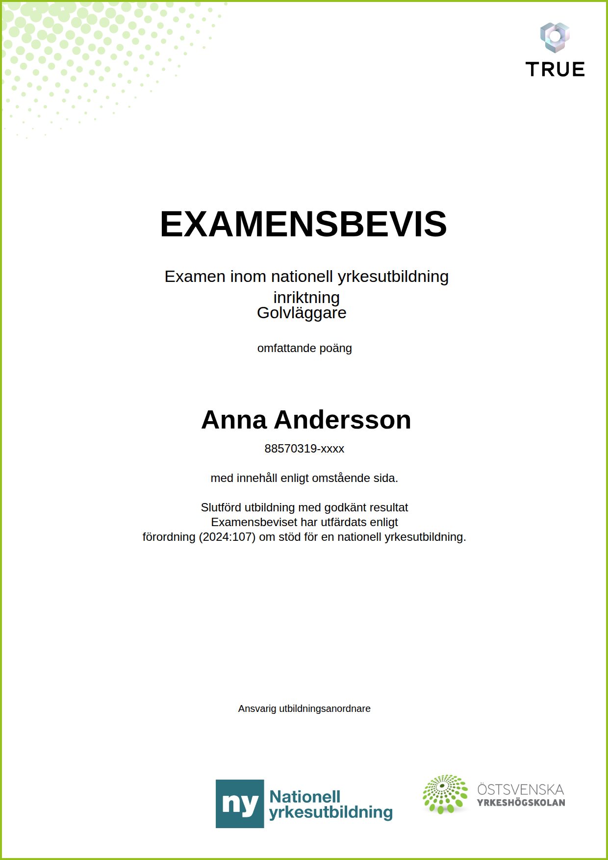Exempel: diplom för Golvläggare från Östsvenska Yrkeshögskolan