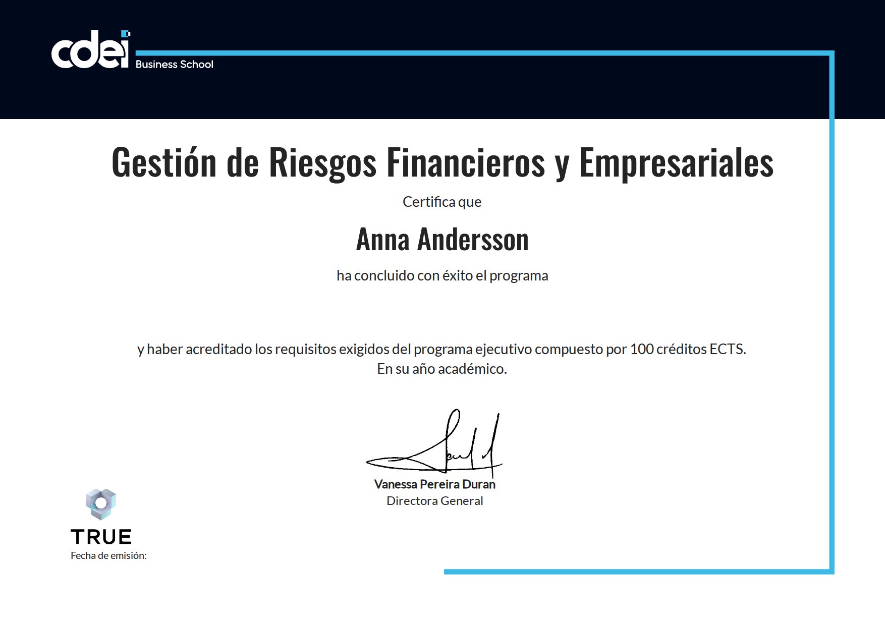Example certificate for Gestión de Riesgos Financieros y Empresariales from CDEI Business School