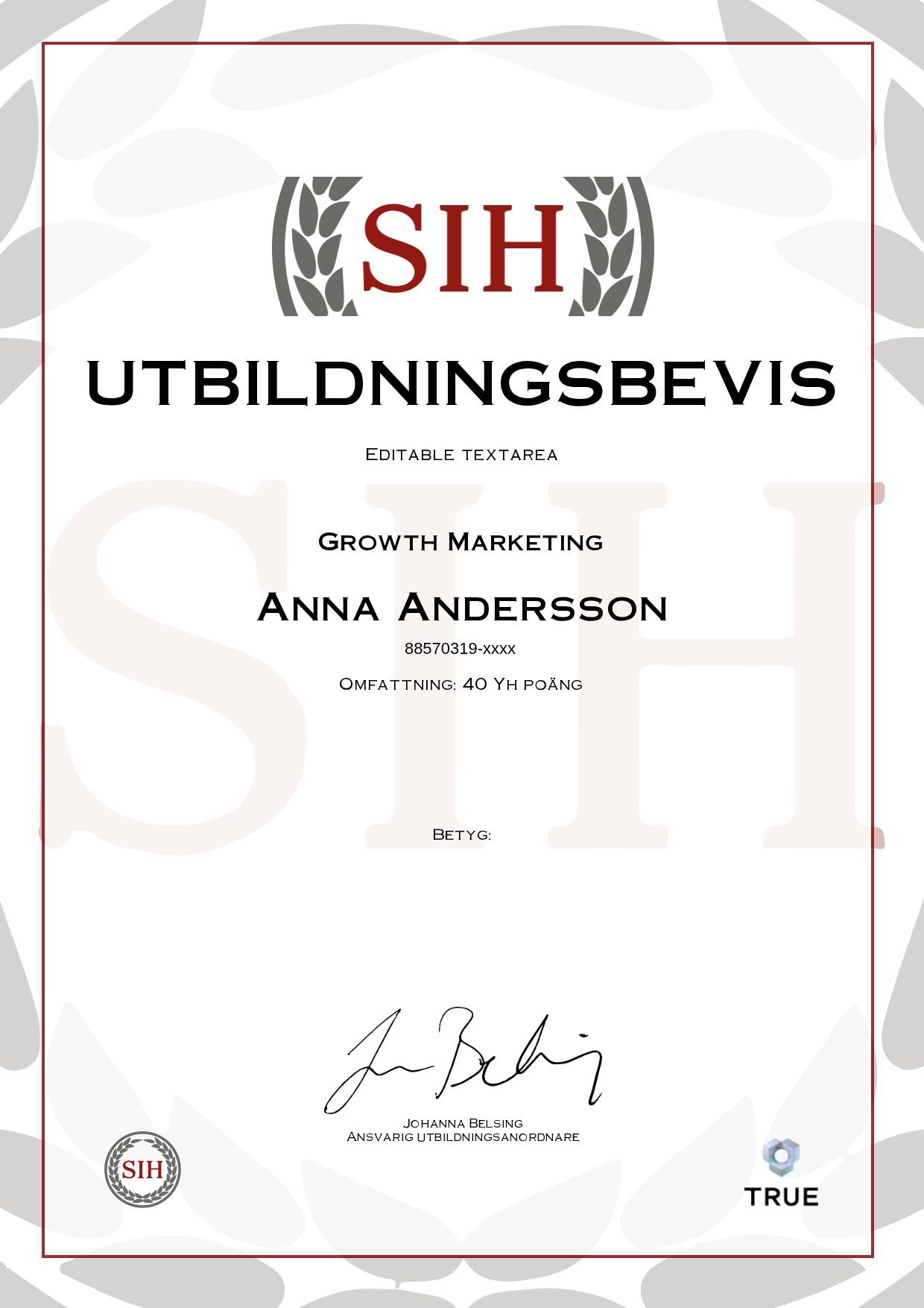 Exempel: diplom för Growth Marketing från SIH - Stockholms Internationella Handelsskola