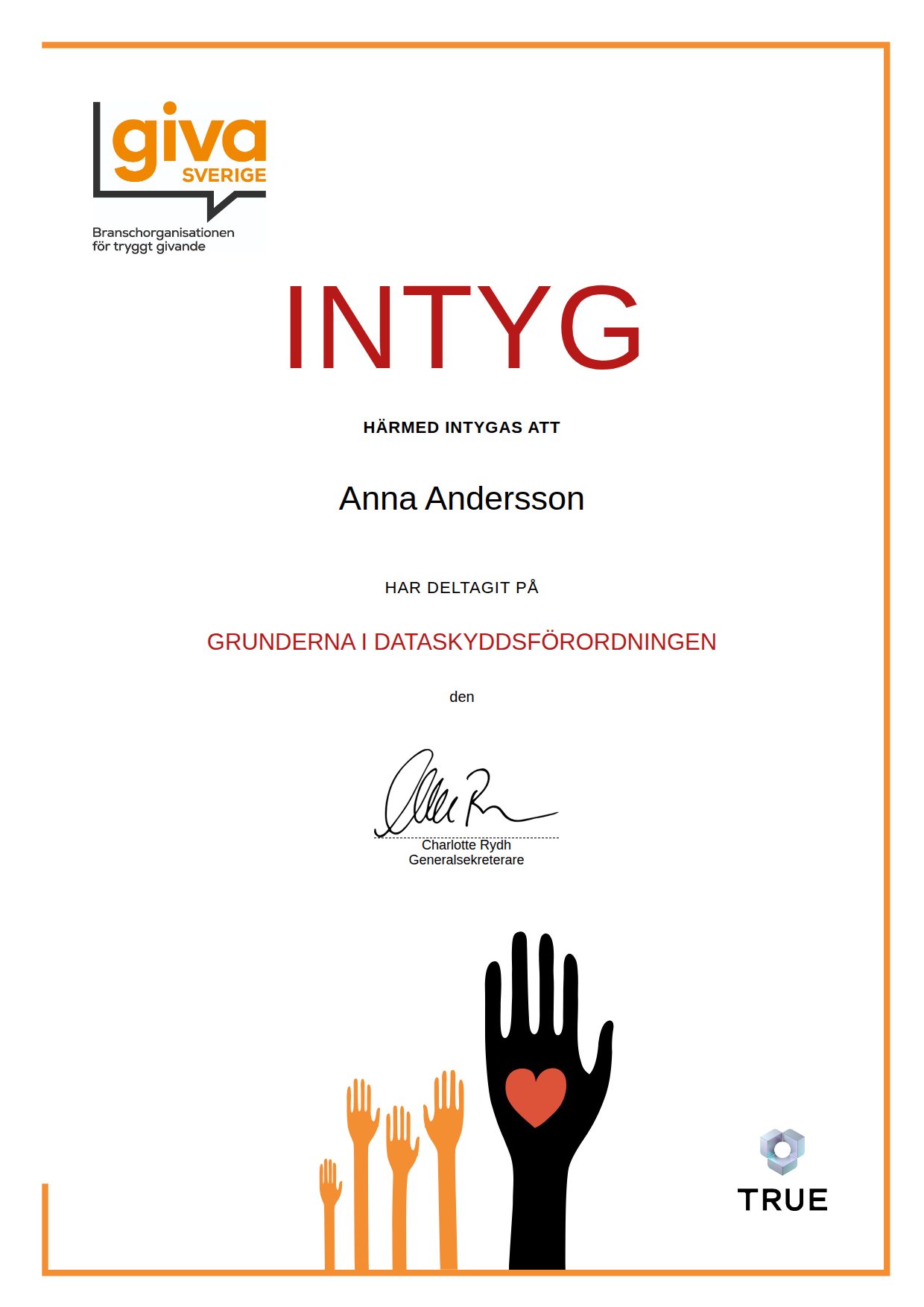 Exempel: diplom för Grunderna i dataskyddsförordningen från Giva Sverige