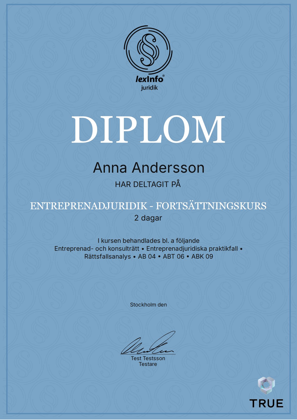 Exempel: diplom för Entreprenadjuridik - fortsättningskurs från Lexinfo Juridik