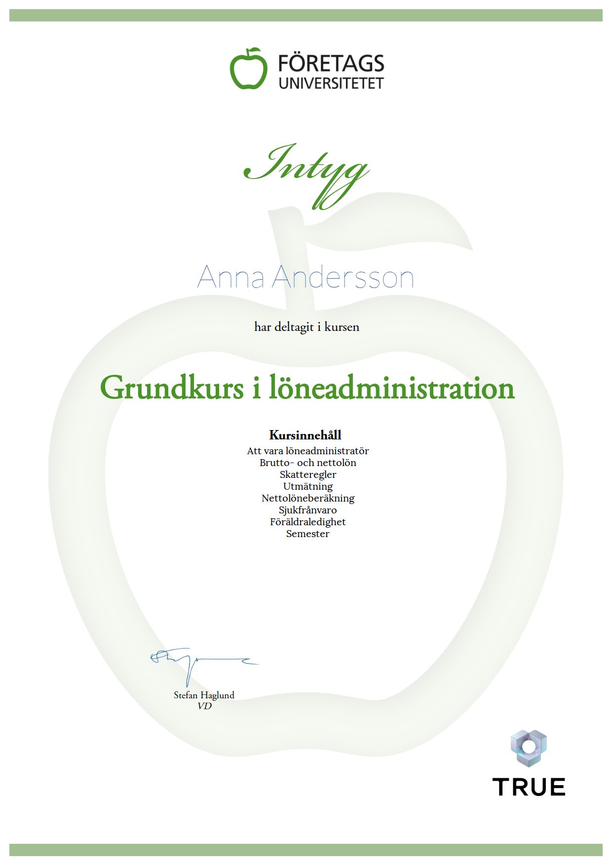 Exempel: diplom för Grundkurs i löneadministration från Företagsuniversitetet
