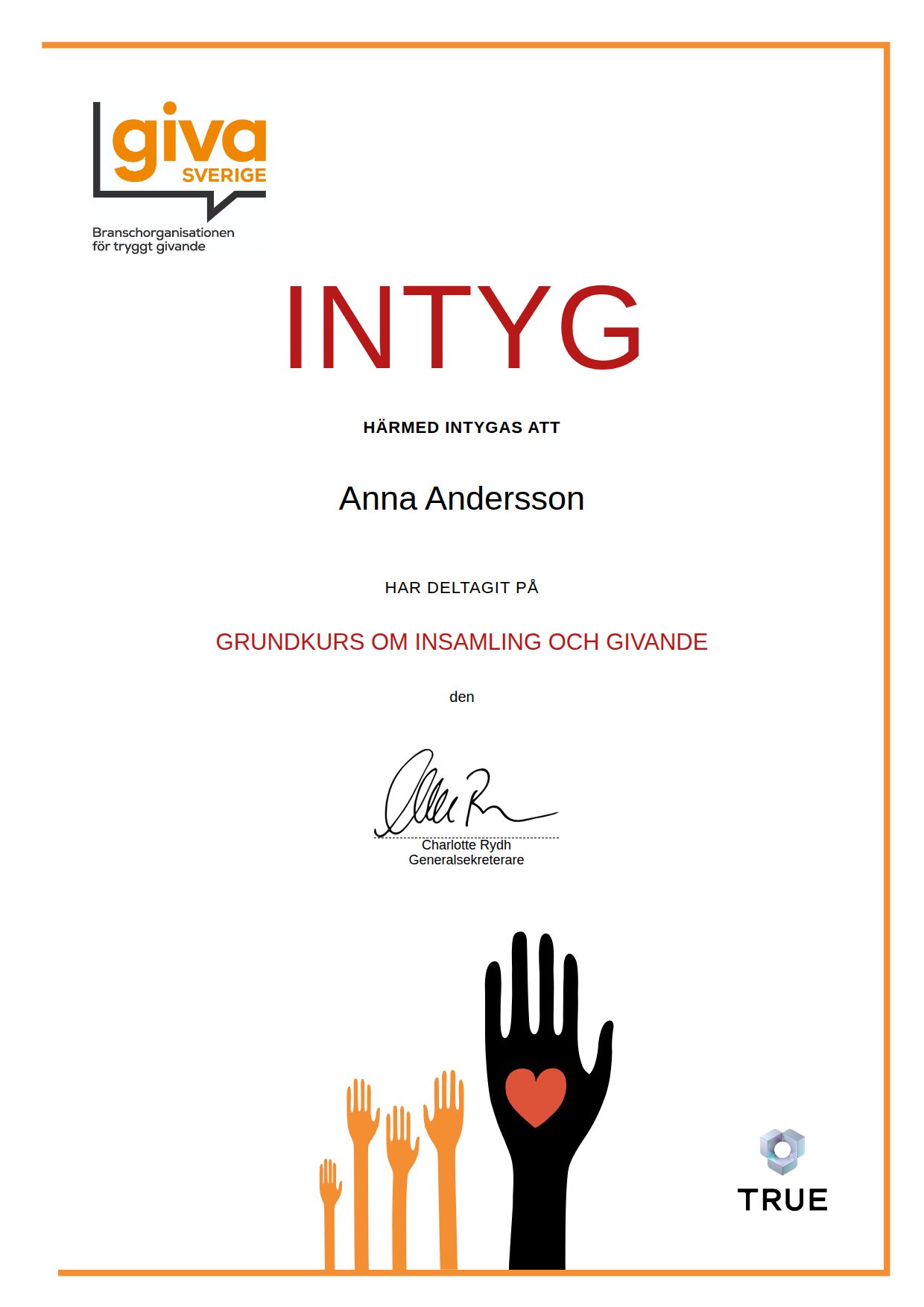 Exempel: diplom för Grundkurs om insamling och givande från Giva Sverige