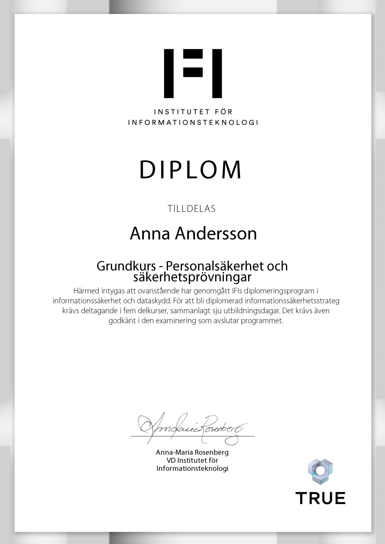 Exempel: diplom för Grundkurs - Personalsäkerhet och säkerhetsprövningar från IFI AB