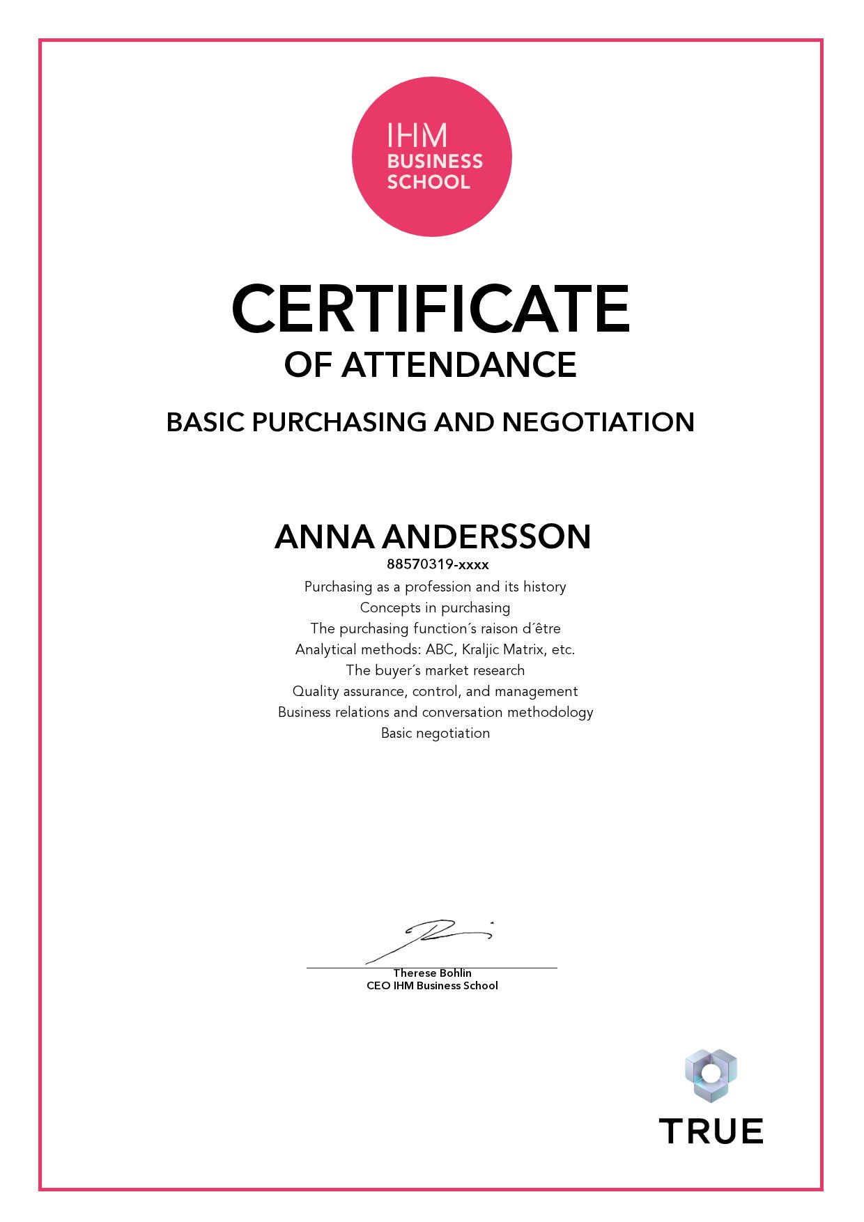 Example certificate for Basic purchasing and negotiation from IHM Business School