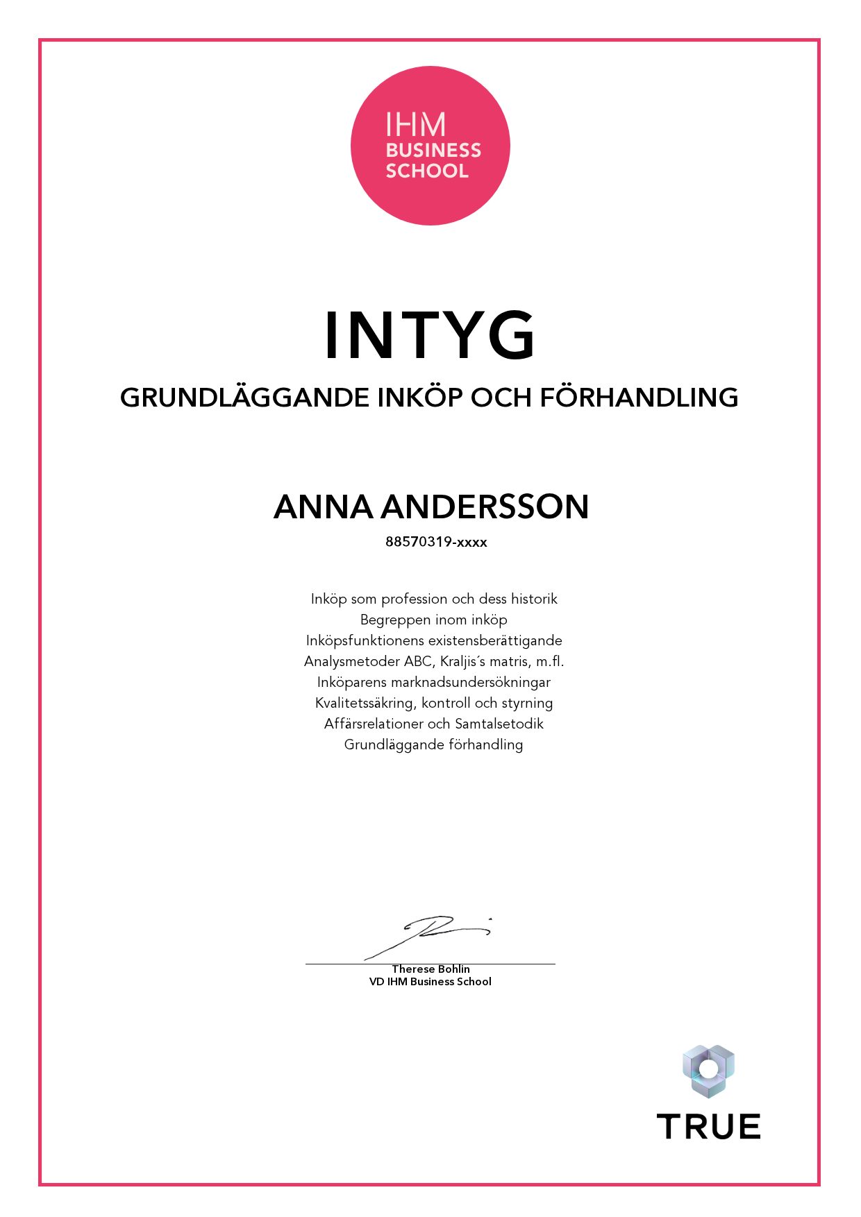 Exempel: diplom för Grundläggande inköp och förhandling från IHM Business School