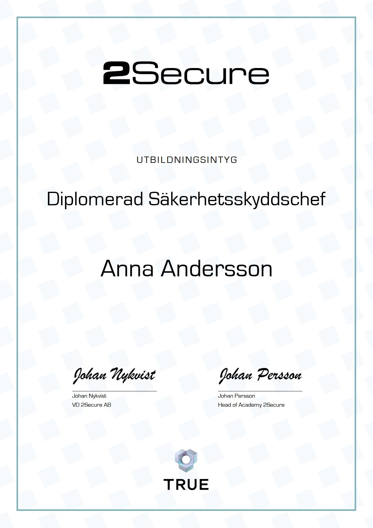 Example certificate for Diplomerad Säkerhetsskyddschef from 2Secure