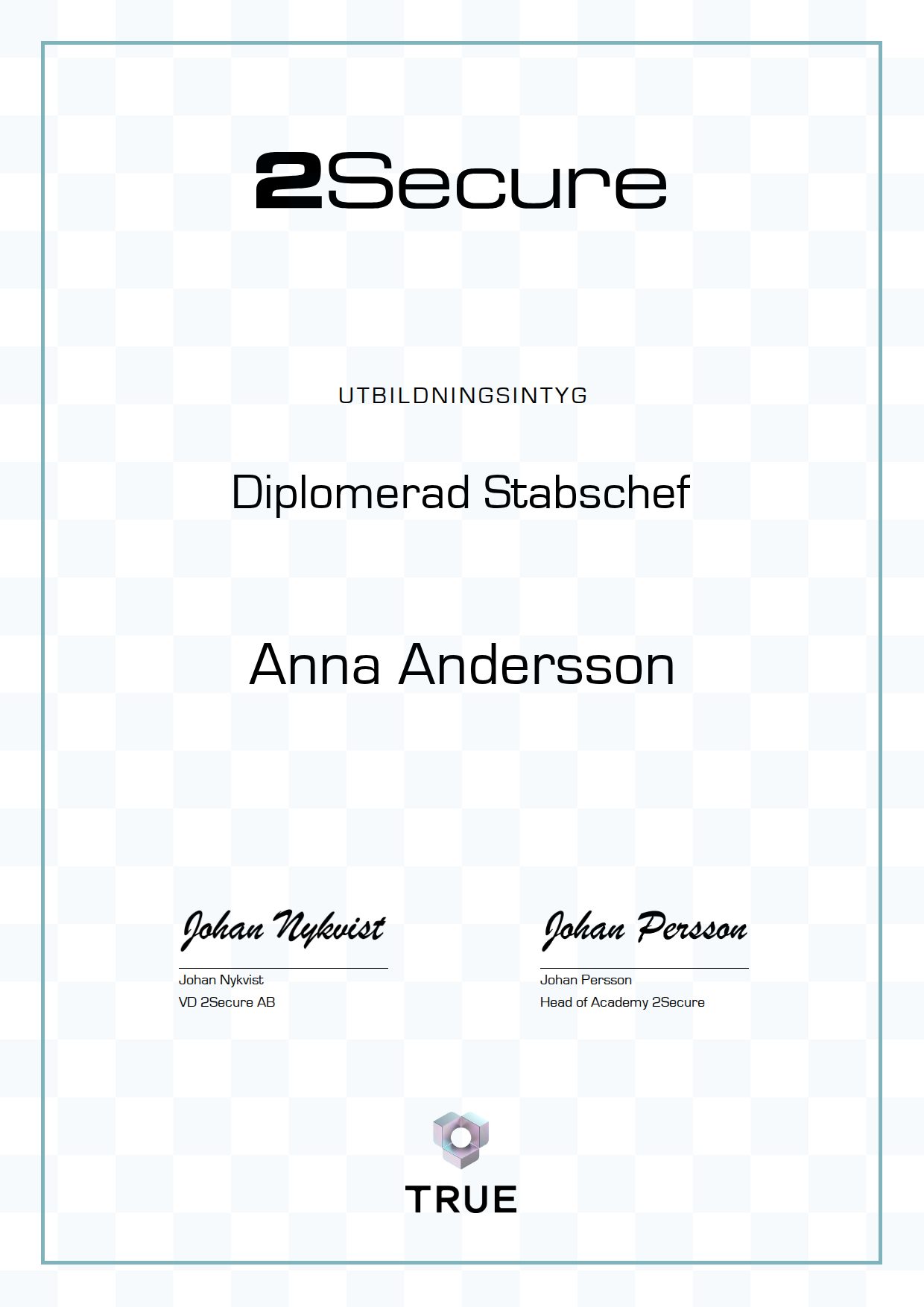 Exempel: diplom för Diplomerad Stabschef från 2Secure