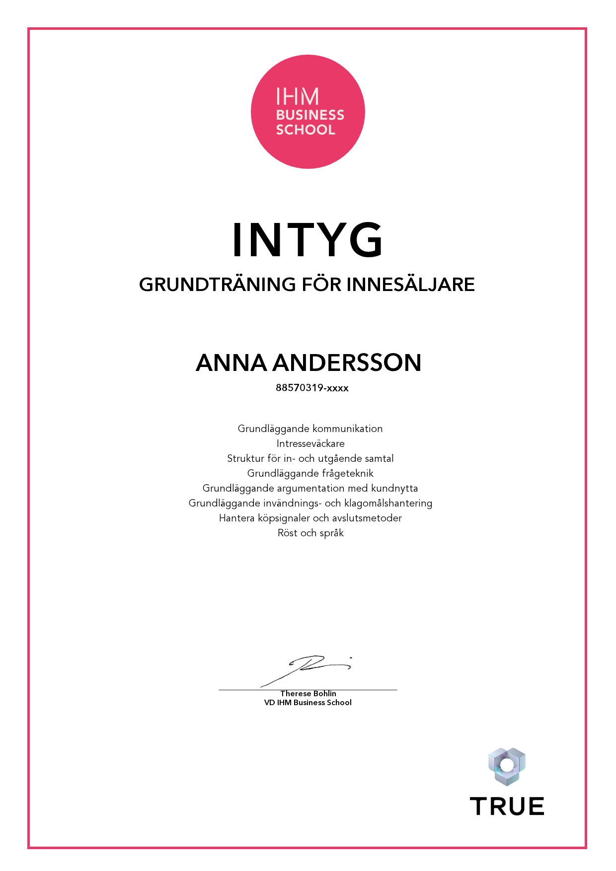 Exempel: diplom för Grundträning för innesäljare från IHM Business School