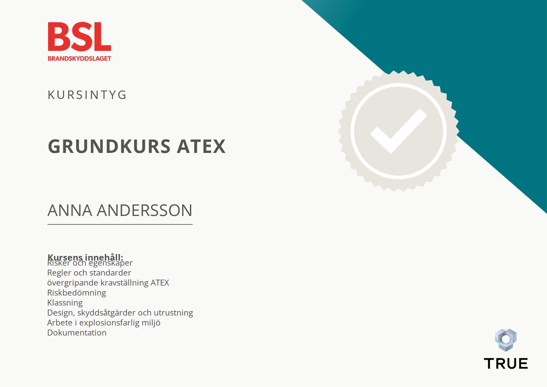 Exempel: diplom för Grundkurs ATEX från Brandskyddslaget AB