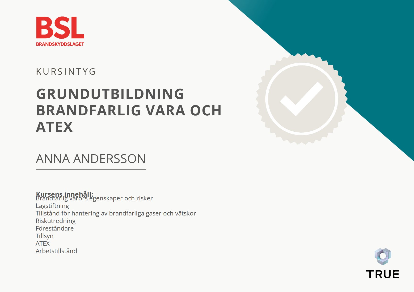 Exempel: diplom för Grundutbildning Brandfarlig vara och ATEX från Brandskyddslaget AB