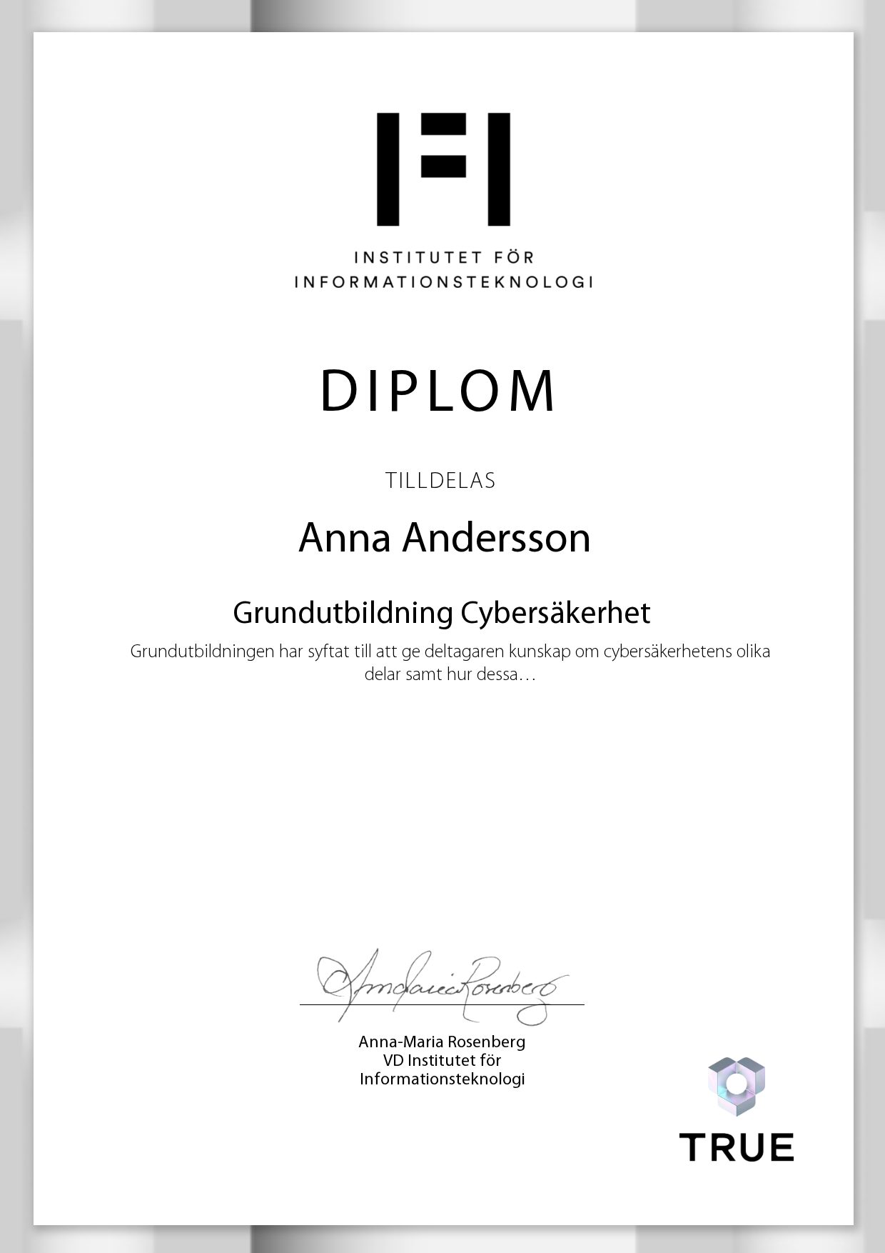 Exempel: diplom för Grundutbildning Cybersäkerhet från IFI AB